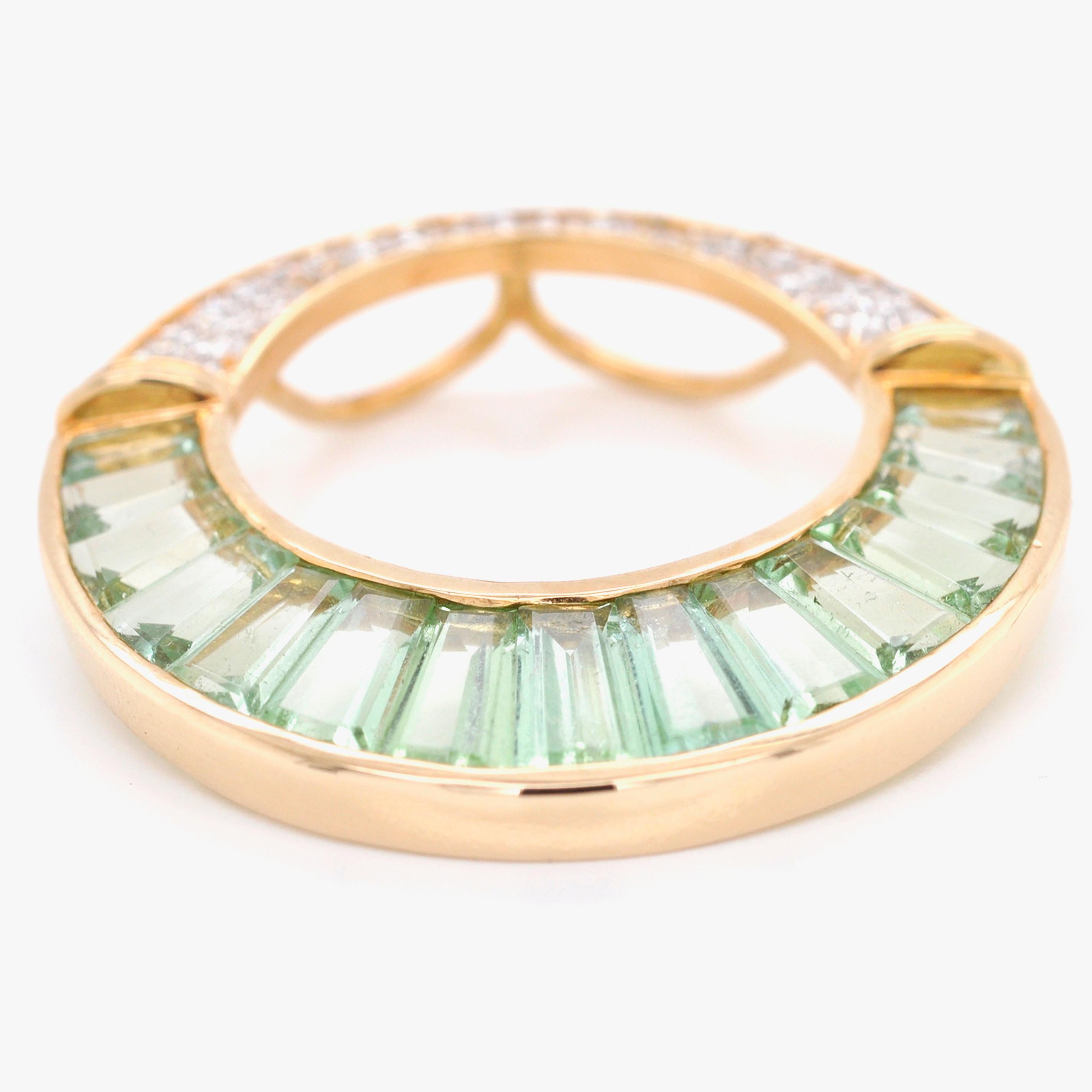 Tapered Baguette 18 Karat Gold Mint Green Tourmaline Baguette Diamond Circular Pendant Necklace