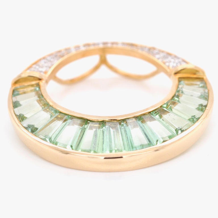 Tapered Baguette 18 Karat Gold Mint Green Tourmaline Baguette Diamond Circular Pendant Necklace For Sale