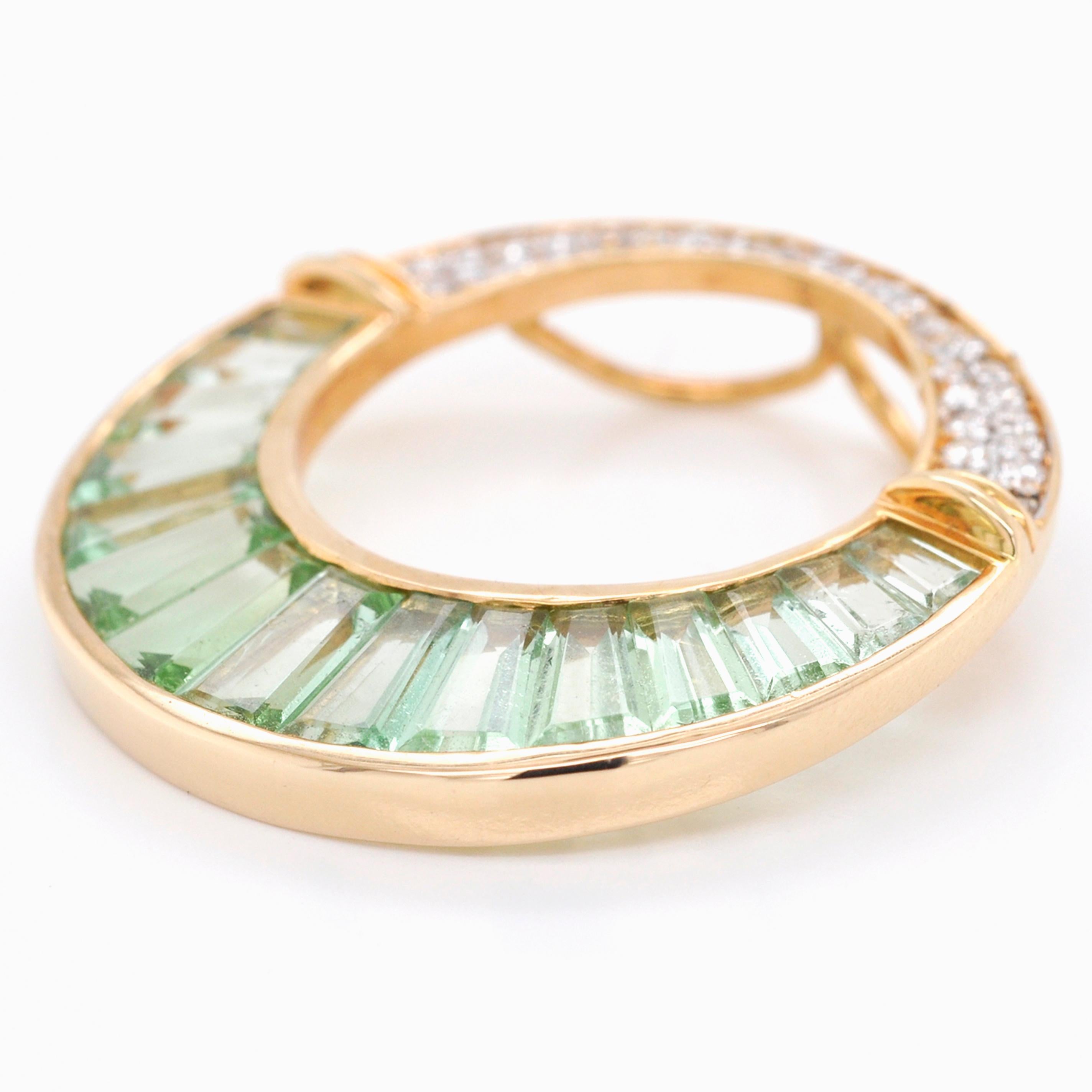 Women's 18 Karat Gold Mint Green Tourmaline Baguette Diamond Circular Pendant Necklace