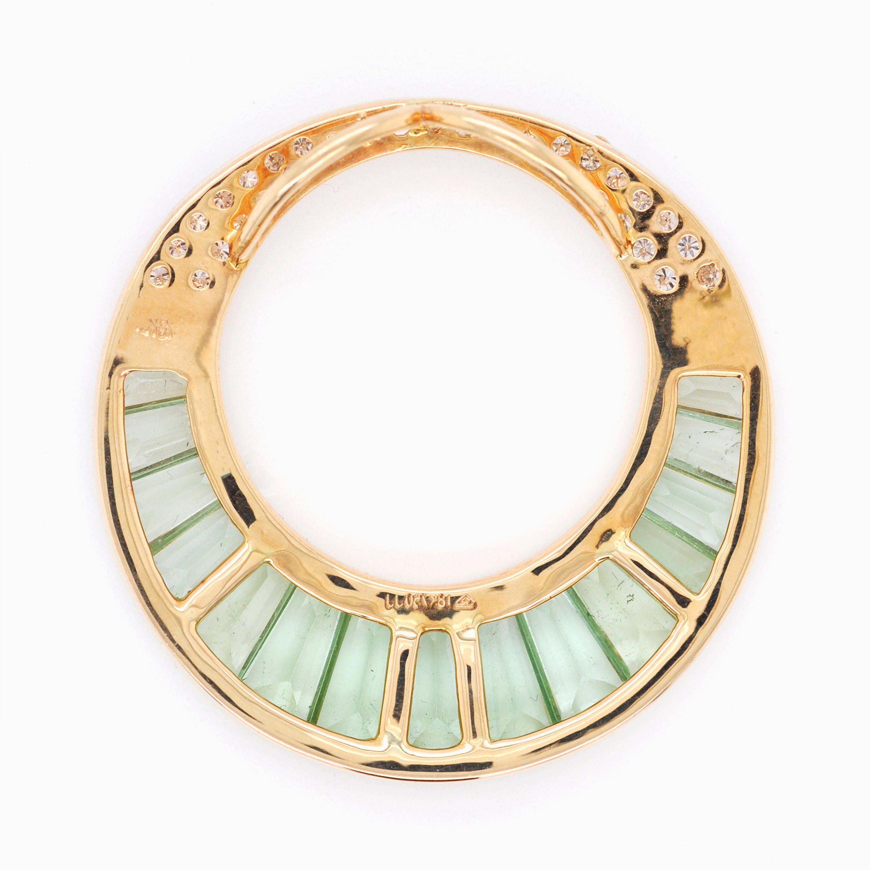 18 Karat Gold Mint Green Tourmaline Baguette Diamond Circular Pendant Necklace 1