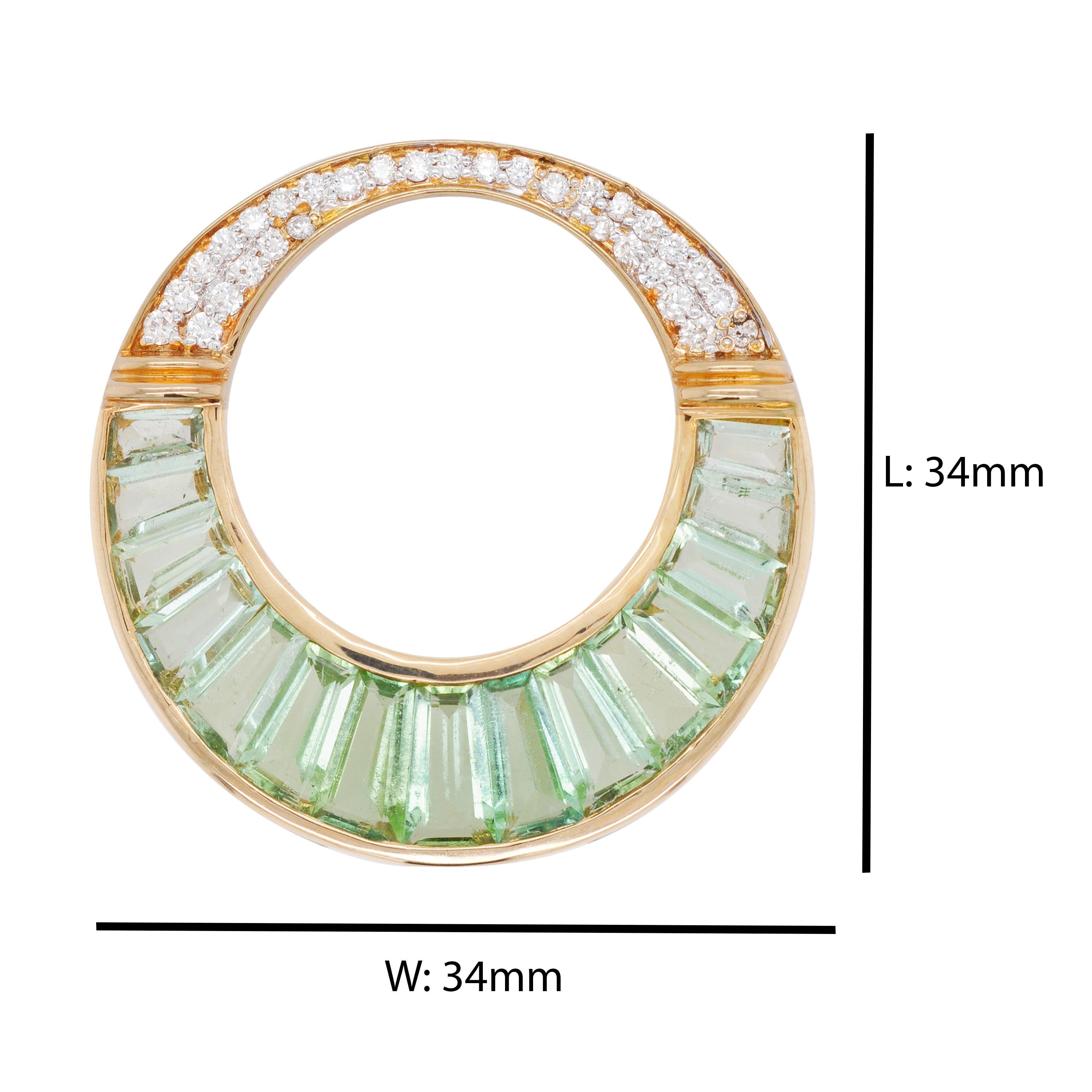 Contemporary 18 Karat Gold Mint Green Tourmaline Baguette Diamond Circular Pendant Necklace