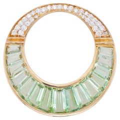 18 Karat Gold Mintgrüner Turmalin Baguette Diamant Runder Anhänger Halskette