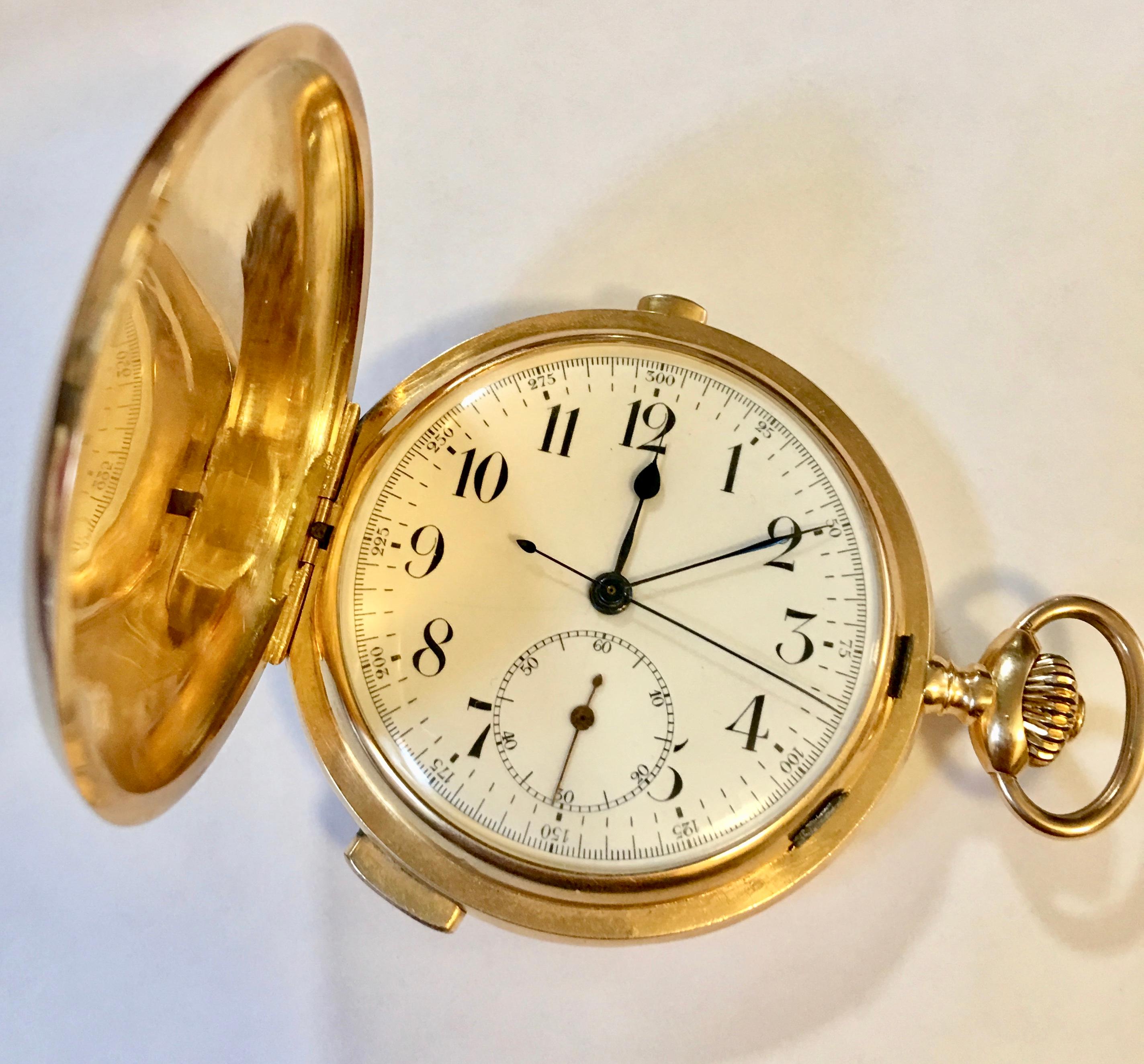 A  superb high grade Swiss made full hunter 18k Gold minute repeater pocket watch. This superb watch has a white enamel dial with Roman numerals and a seconds subdial. With a minute track and outer 1/5th seconds division on one minute scale on the