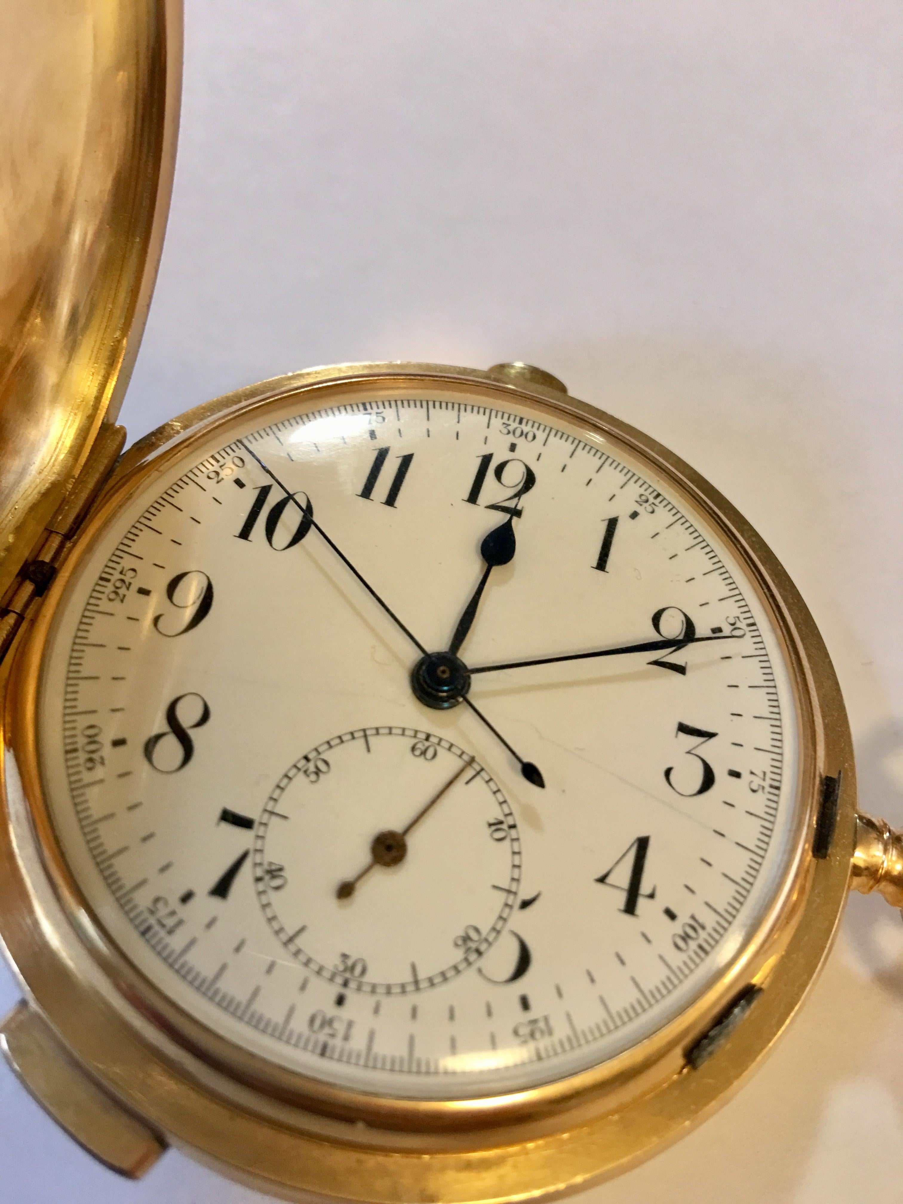Heavy high grade Swiss made full hunter 18-karat gold minute repeater pocket watch. This superb watch has a white enamel dial with Roman numerals and a seconds subdial. Minute track and outer 1/5th seconds division on one minute scale. The chimes