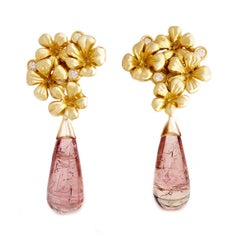 18 Karat Gold Modern Drop Transformer Plum Earrings with Tourmalines