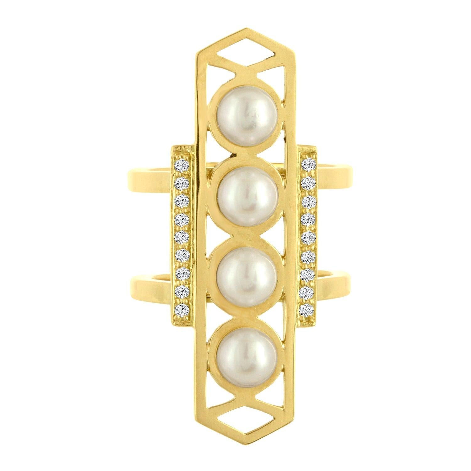 For Sale:  18 Karat Gold Modern Ring with Pearls and Diamonds
