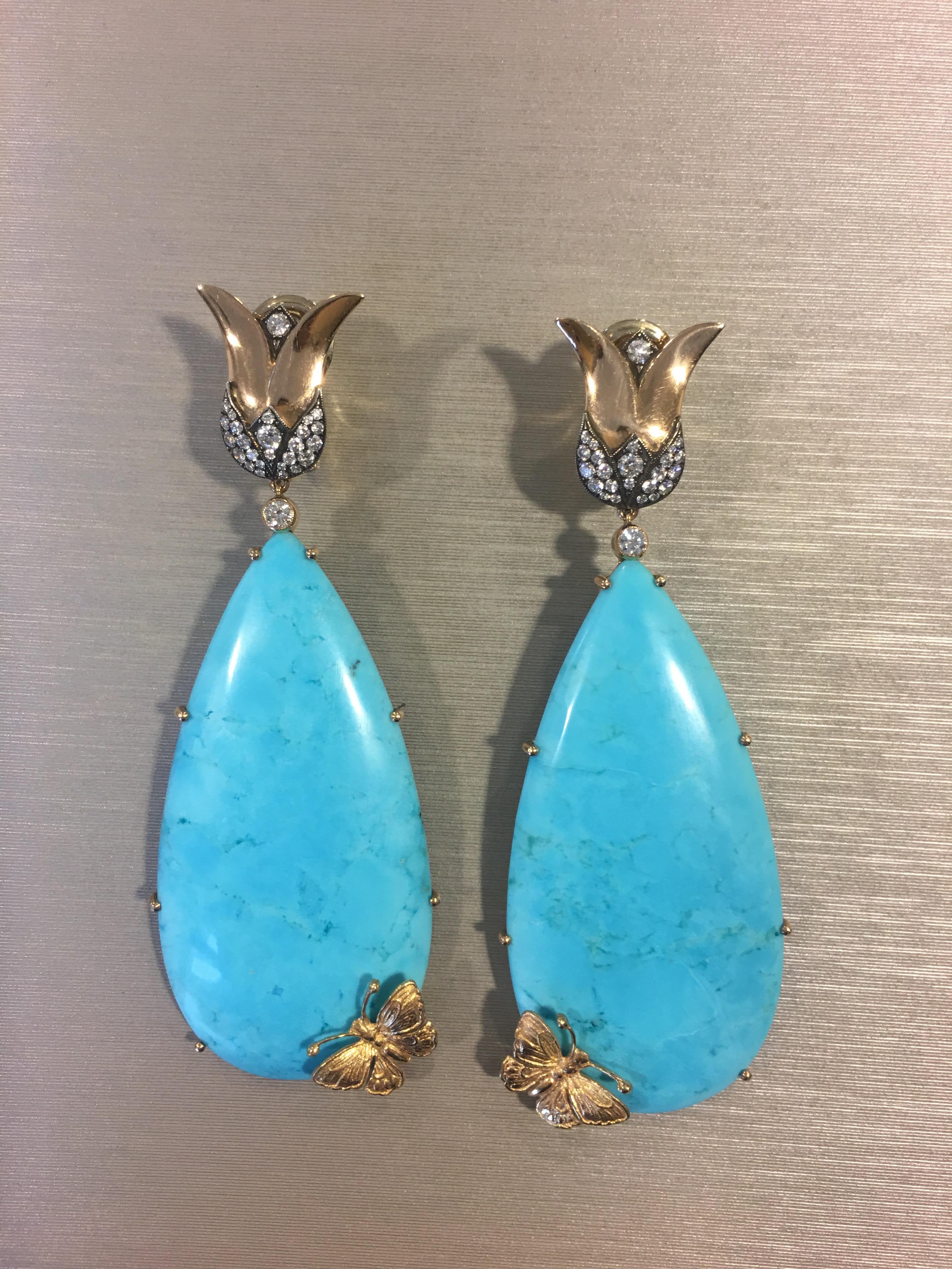 Contemporary 18 Karat Gold Monan 0.74 Carat Diamond and 93.20 Carat Turquoise Earrings For Sale