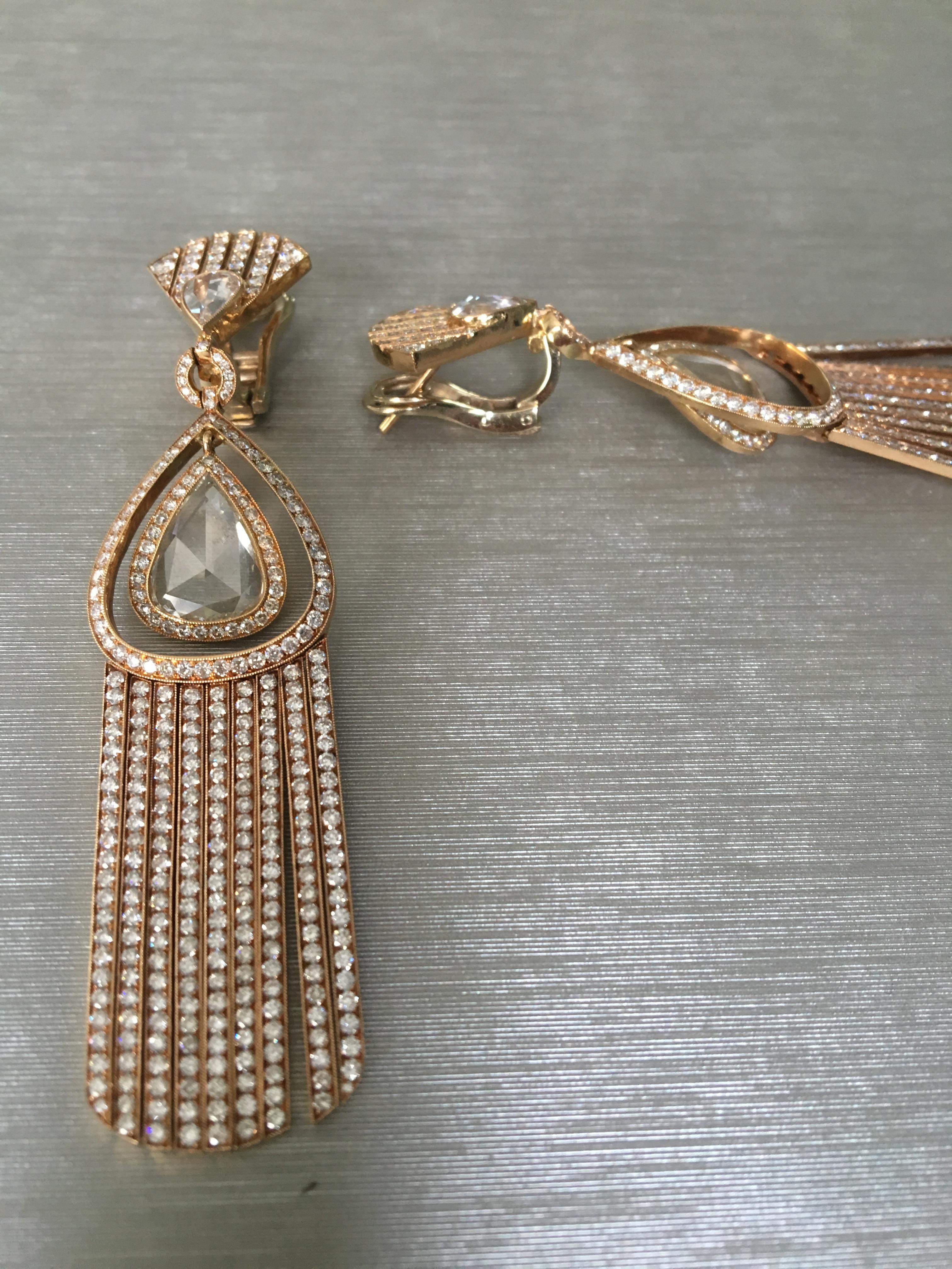 Rose Cut 18 Karat Gold Monan 8.24 Carat Diamond Earrings