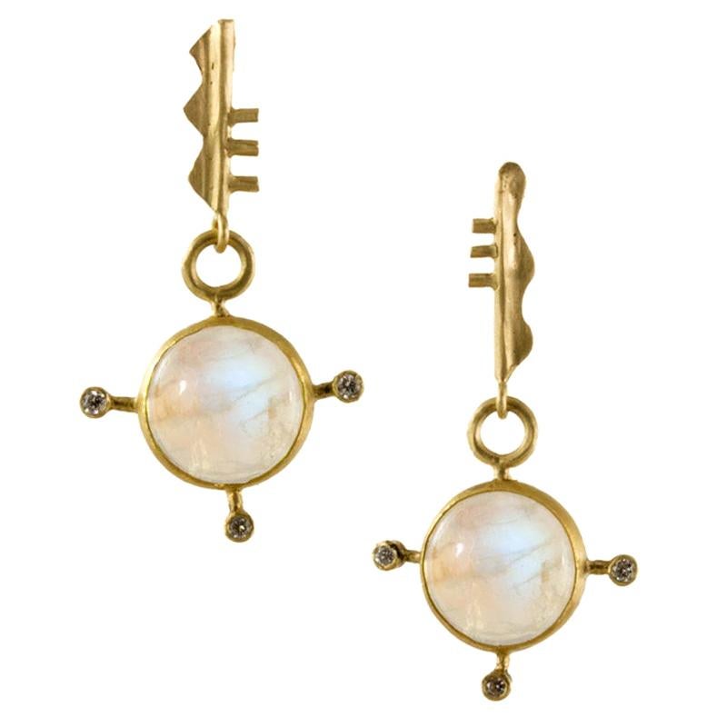 Margery Hirschey 18k Gold Moonstone and Diamond Bauhaus Inspired Earrings For Sale