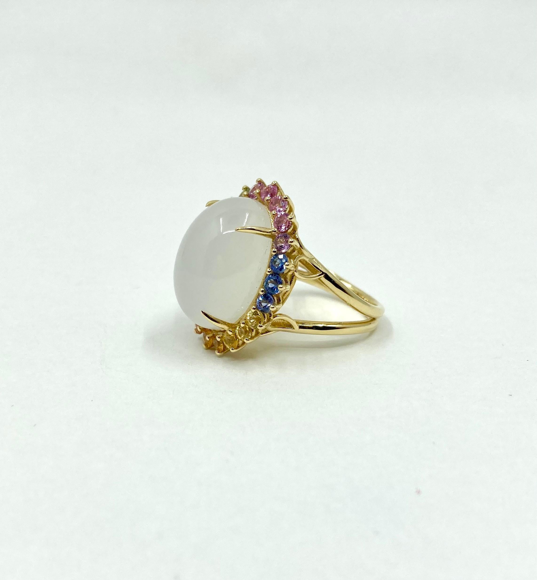 Modern 18 Karat Gold Moonstone and Sapphires Ring For Sale