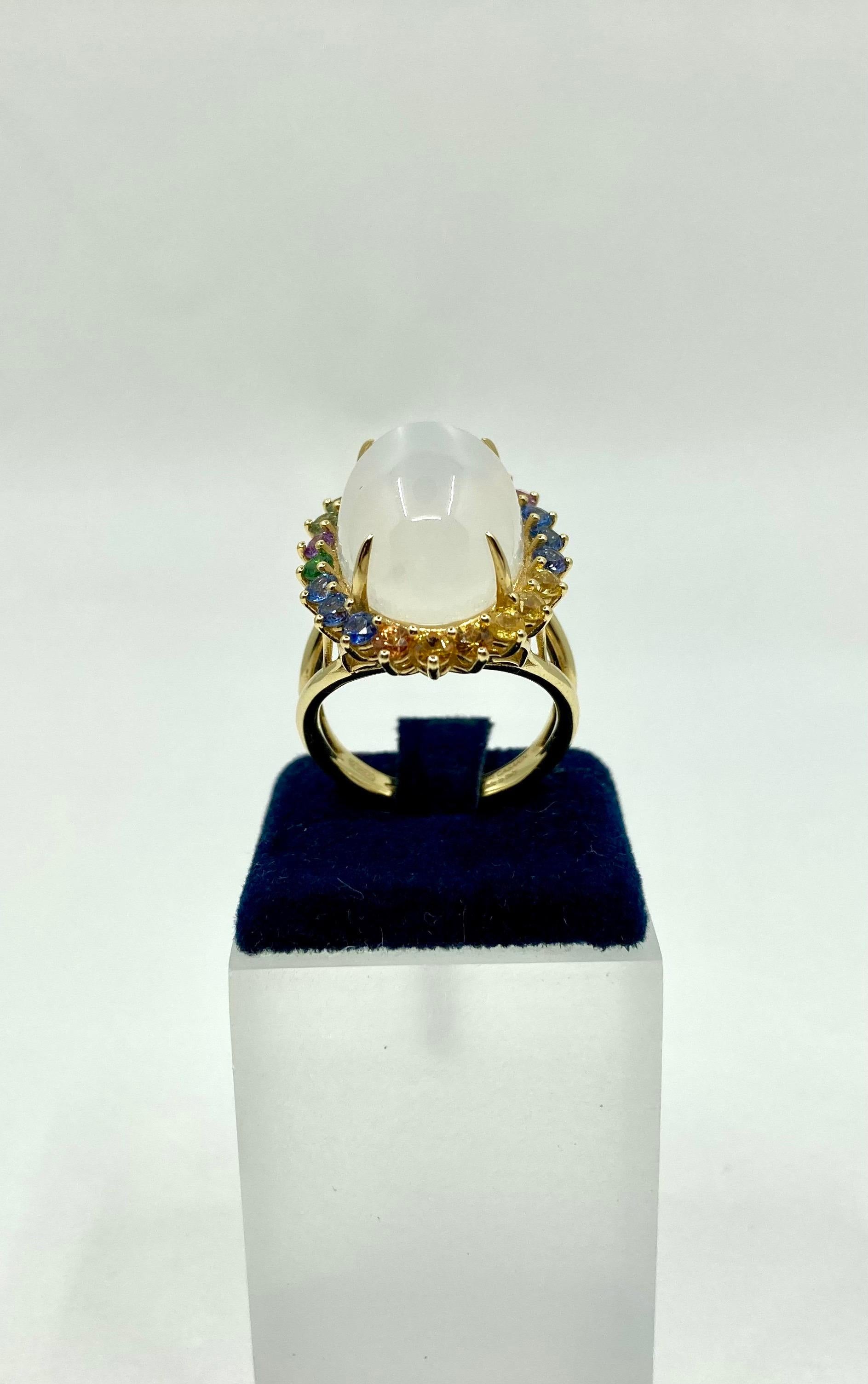 Women's 18 Karat Gold Moonstone and Sapphires Ring For Sale