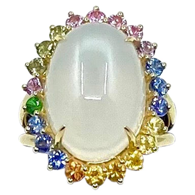 18 Karat Gold Moonstone and Sapphires Ring For Sale