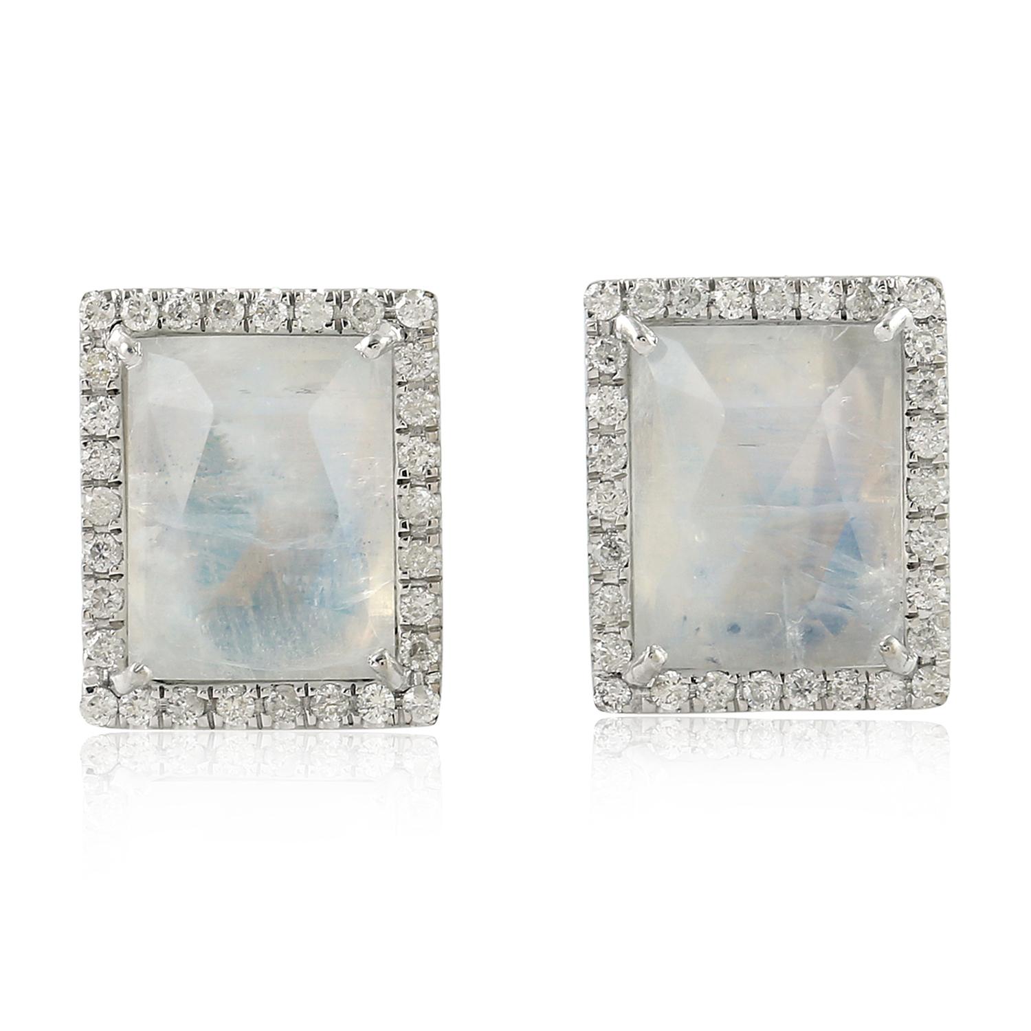 Square Cut 18 Karat Gold Moonstone Diamond Stud Earrings For Sale