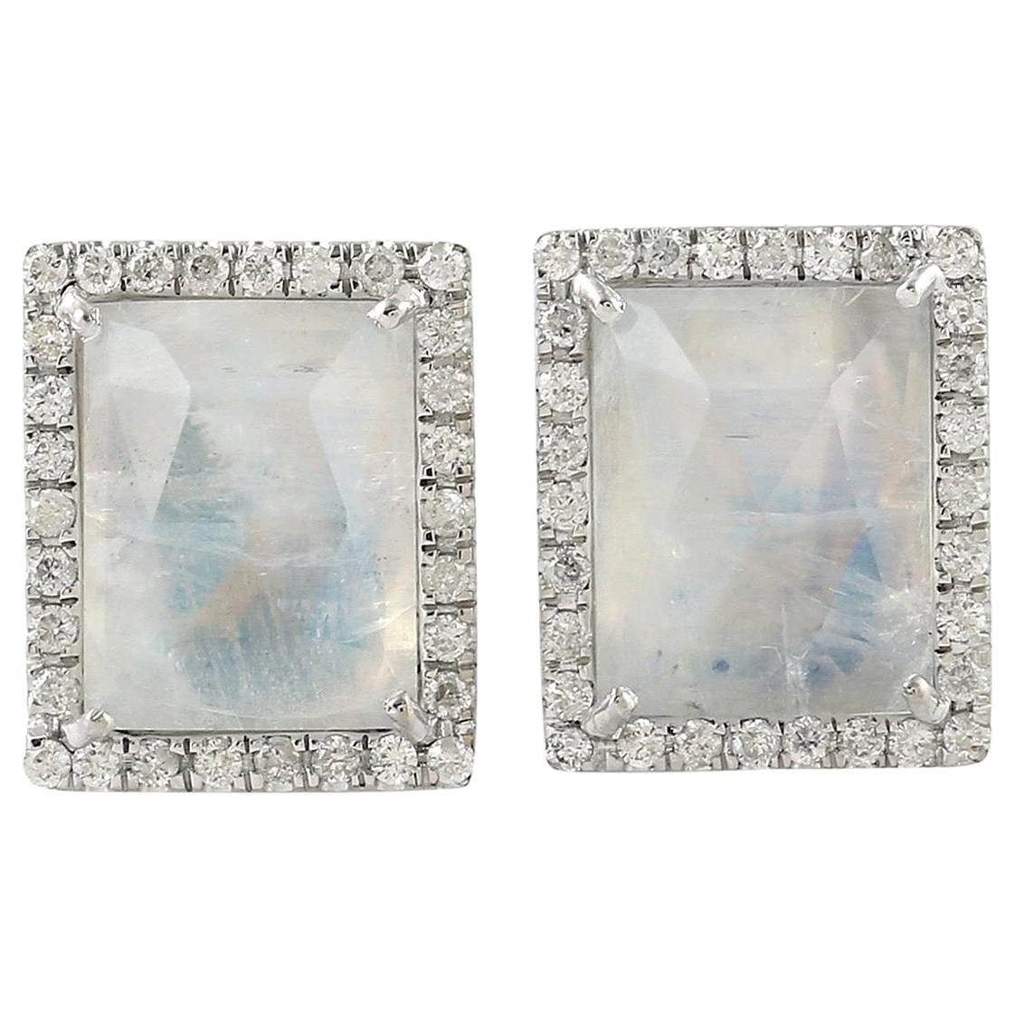 18 Karat Gold Moonstone Diamond Stud Earrings For Sale