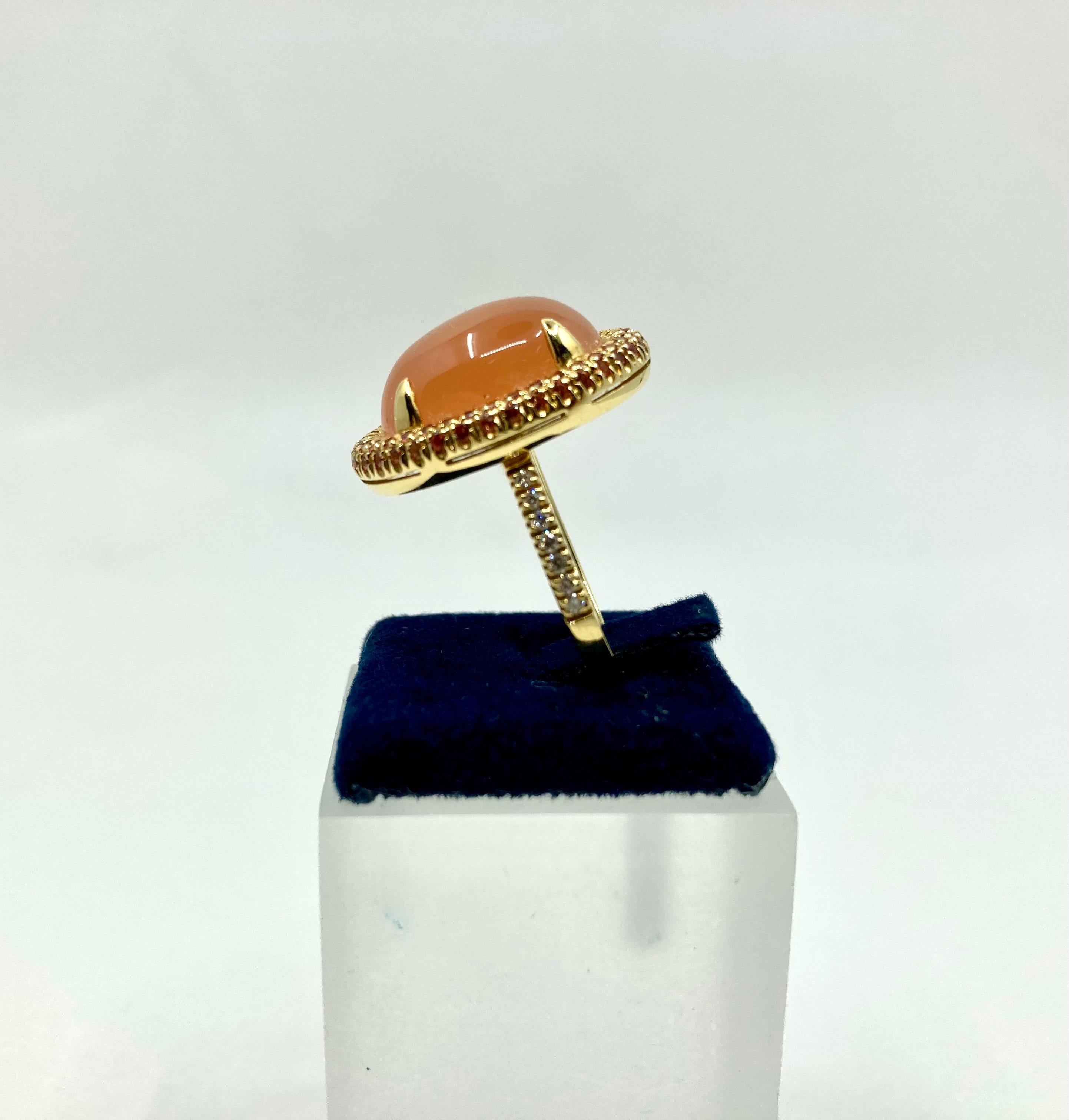 Half Moon Cut 18 Karat Gold Moonstone, Sapphires and Diamonds Italian Ring For Sale