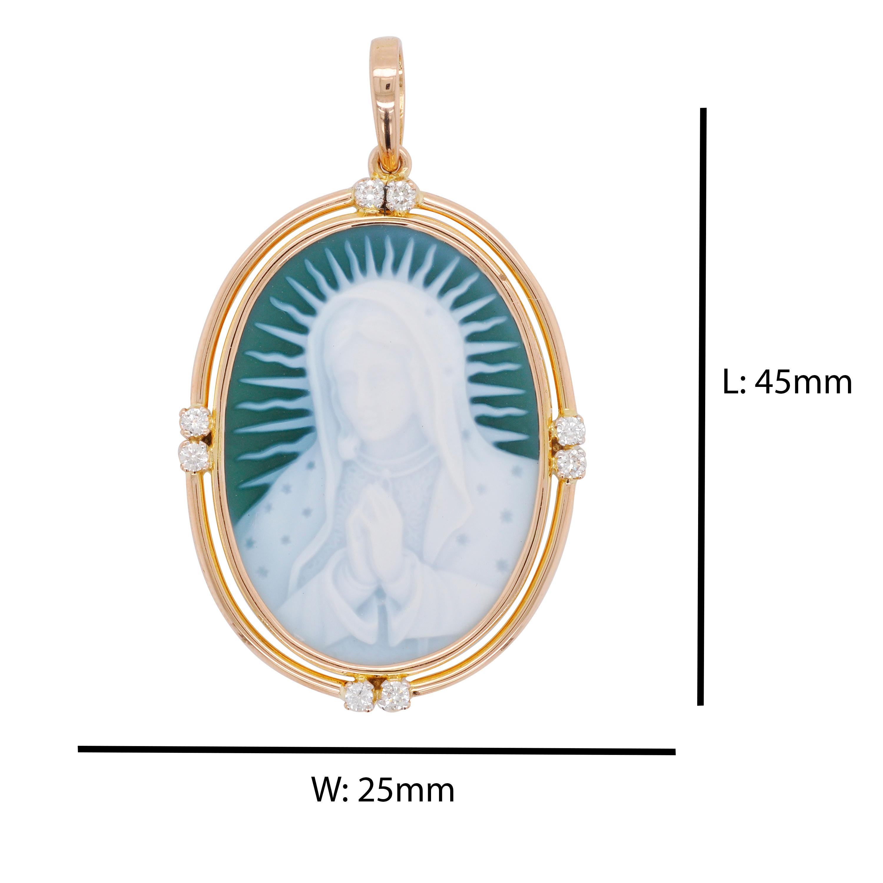 Contemporain Collier pendentif camée en or 18 carats avec agate de la Mère Marie sculptée et diamants en vente