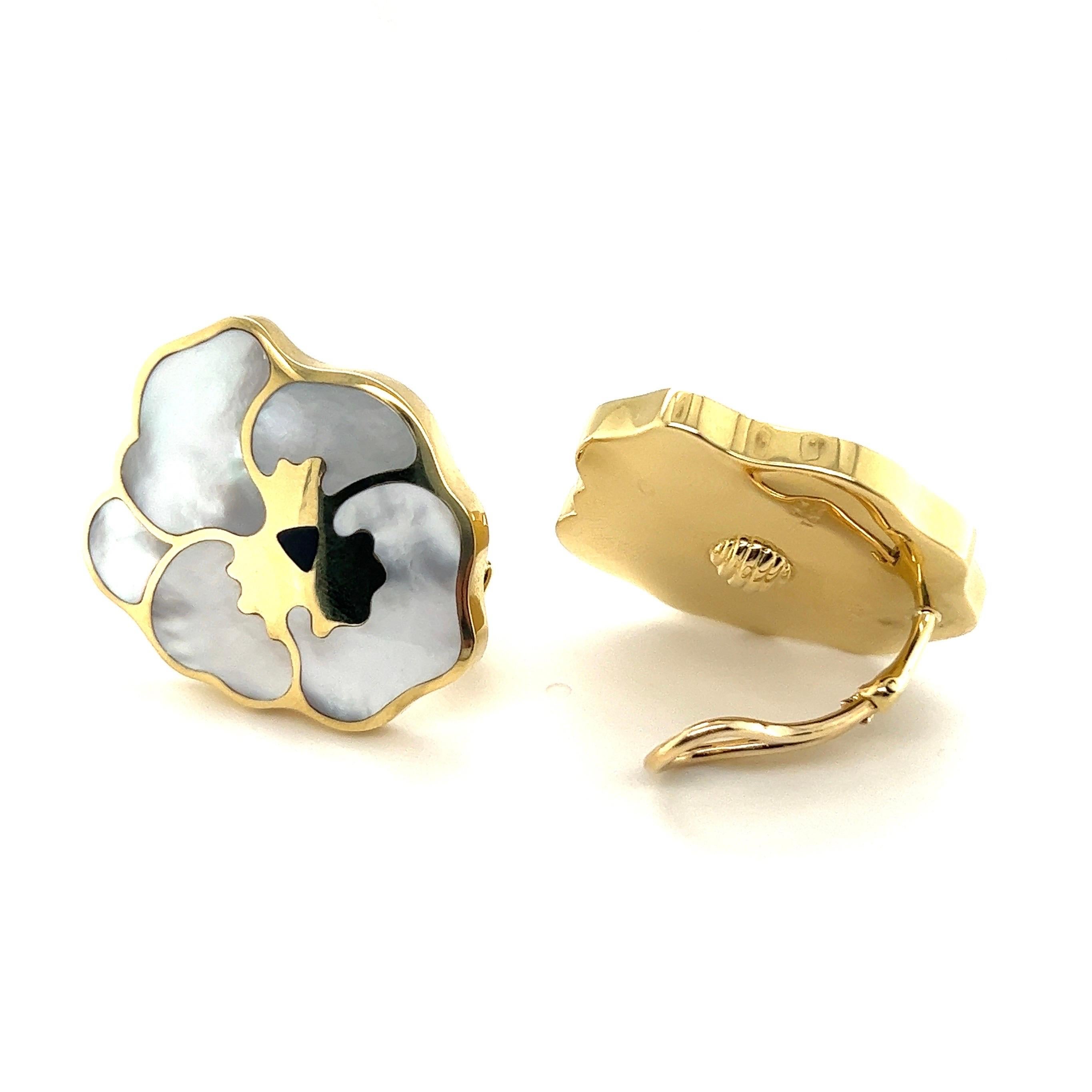 Adorable pair of large 18 karat yellow gold, mother of pearl and onyx 