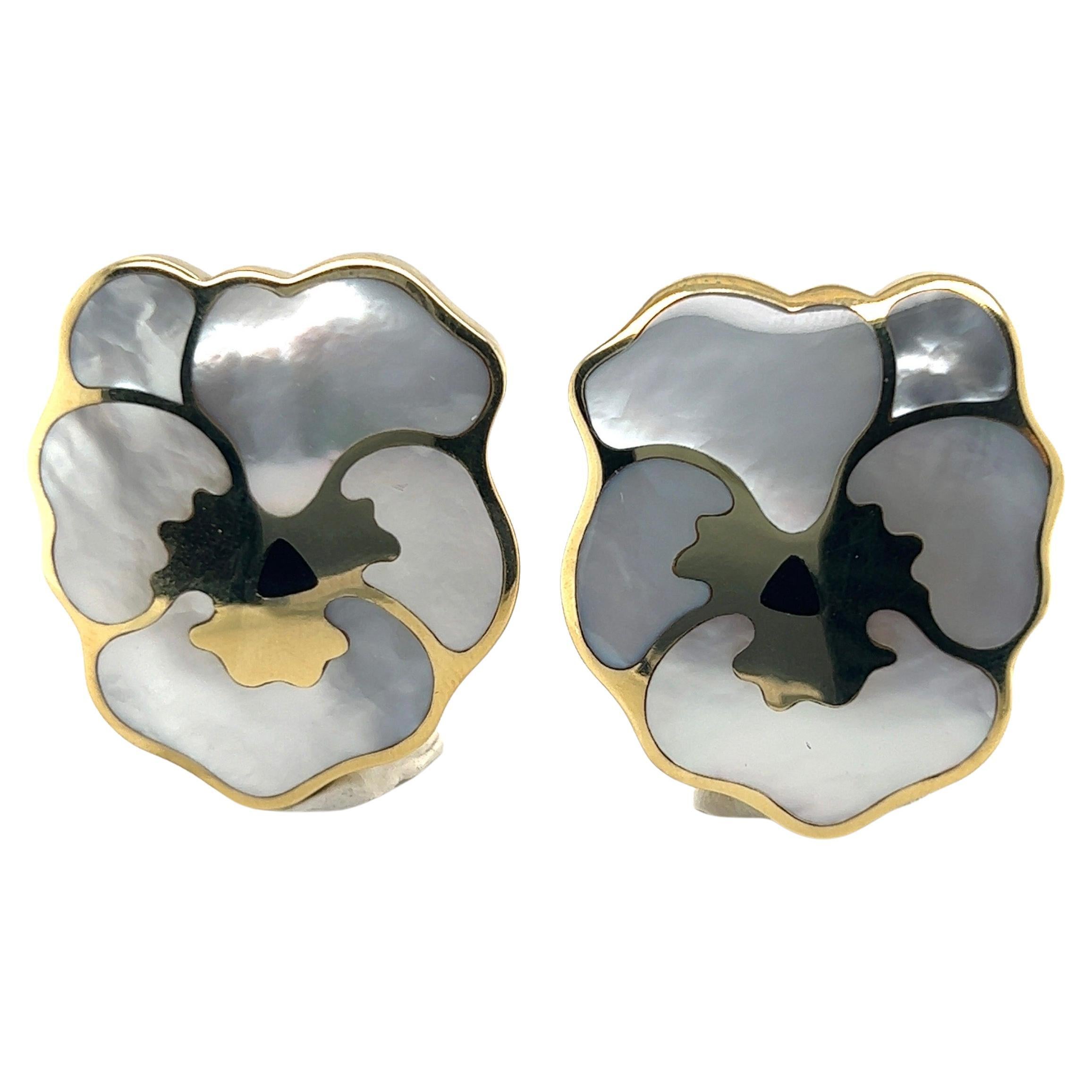 18 Karat Gold Mother of Pearl and Onyx Pansy Earrings by Tiffany & Co.