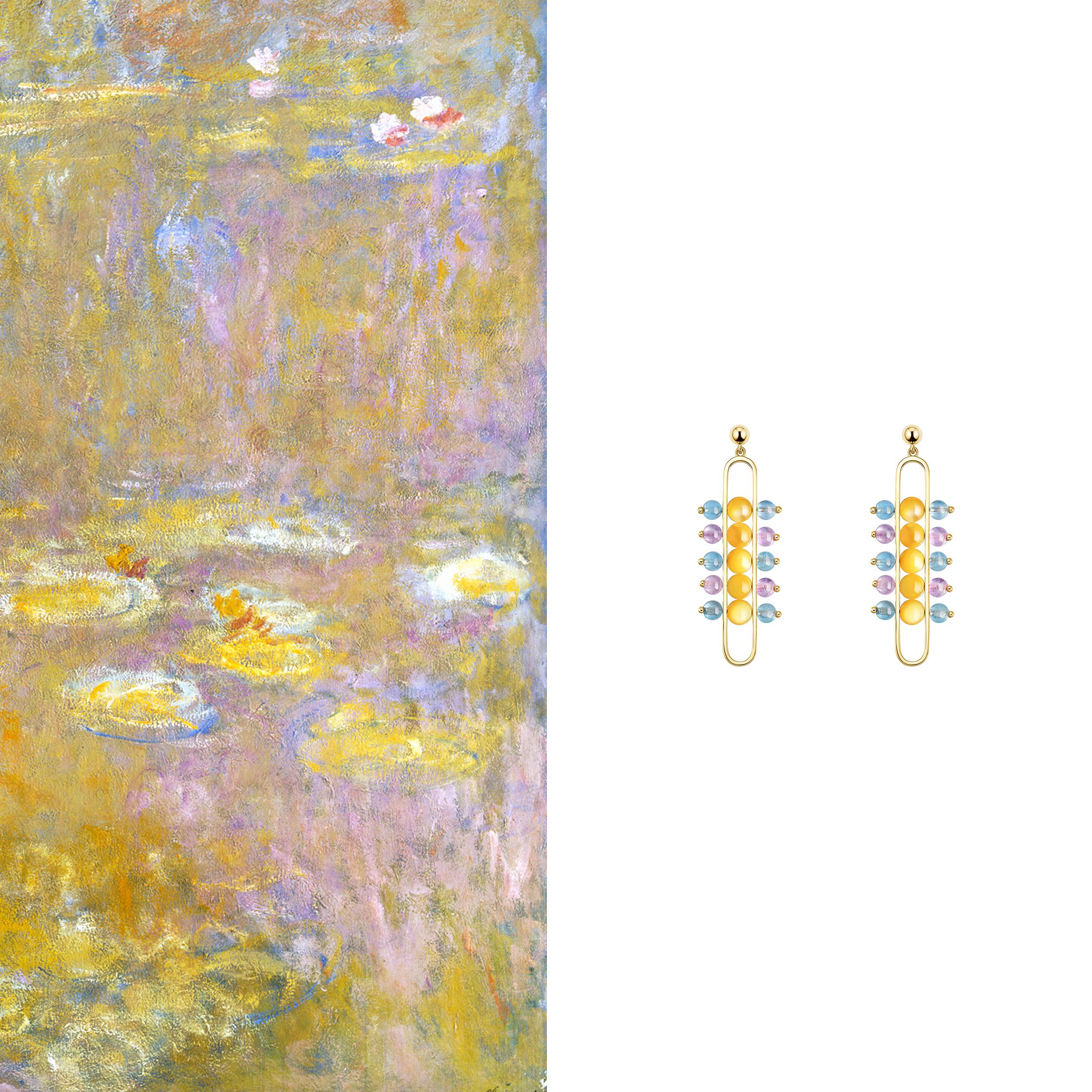 This beautifully crafted pair of earrings features hand selected golden Mother-of-Pearl, Aquamarine and Amethyst beads set in 18k Yellow Gold. The gems are chosen for their quality and colour to best echo those hues in Claude Monet's painting