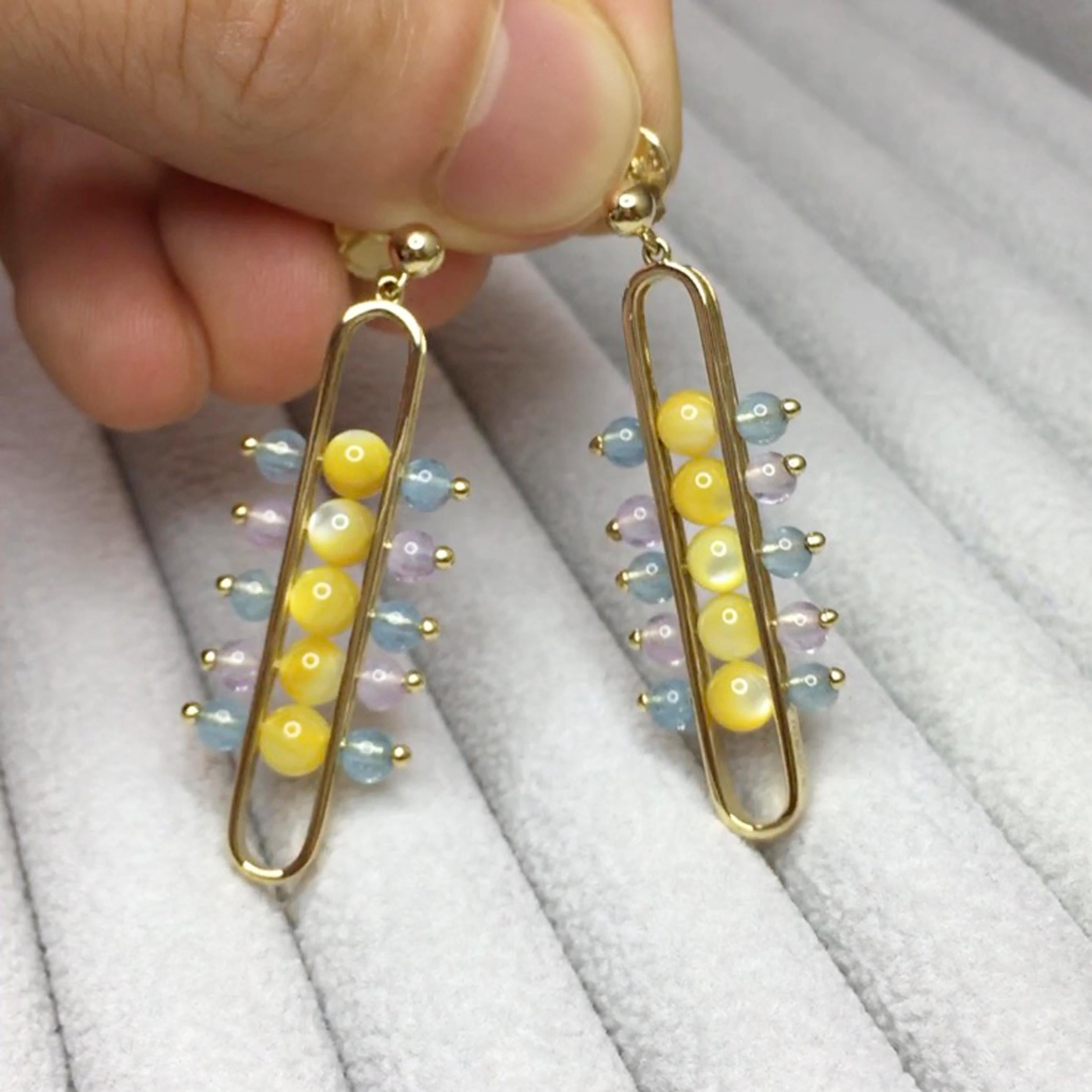 Artisan Impressionists Dangle Earrings 18 Karat Gold Mother of Pearl Aquamarine Amethyst