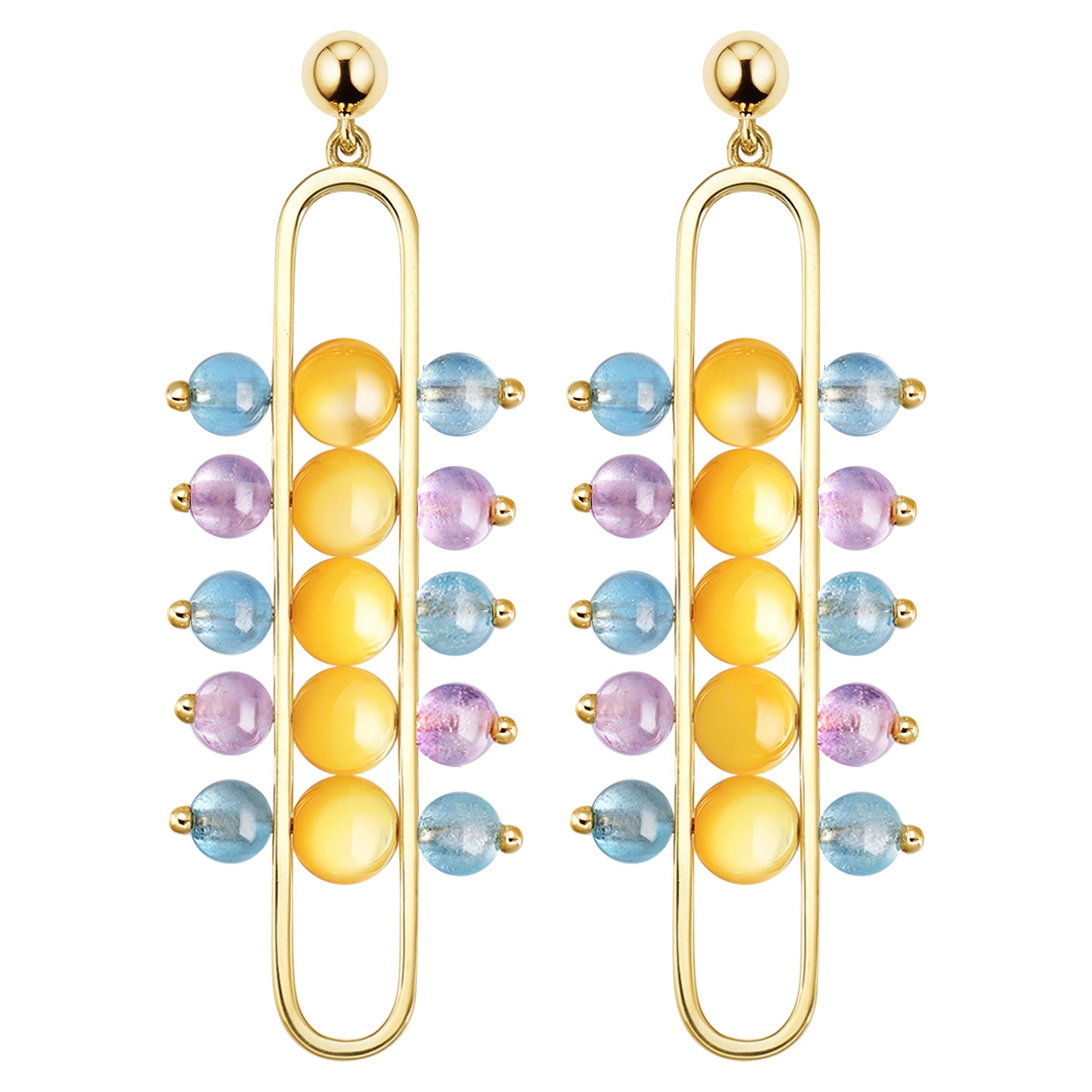 Impressionists Dangle Earrings 18 Karat Gold Mother of Pearl Aquamarine Amethyst