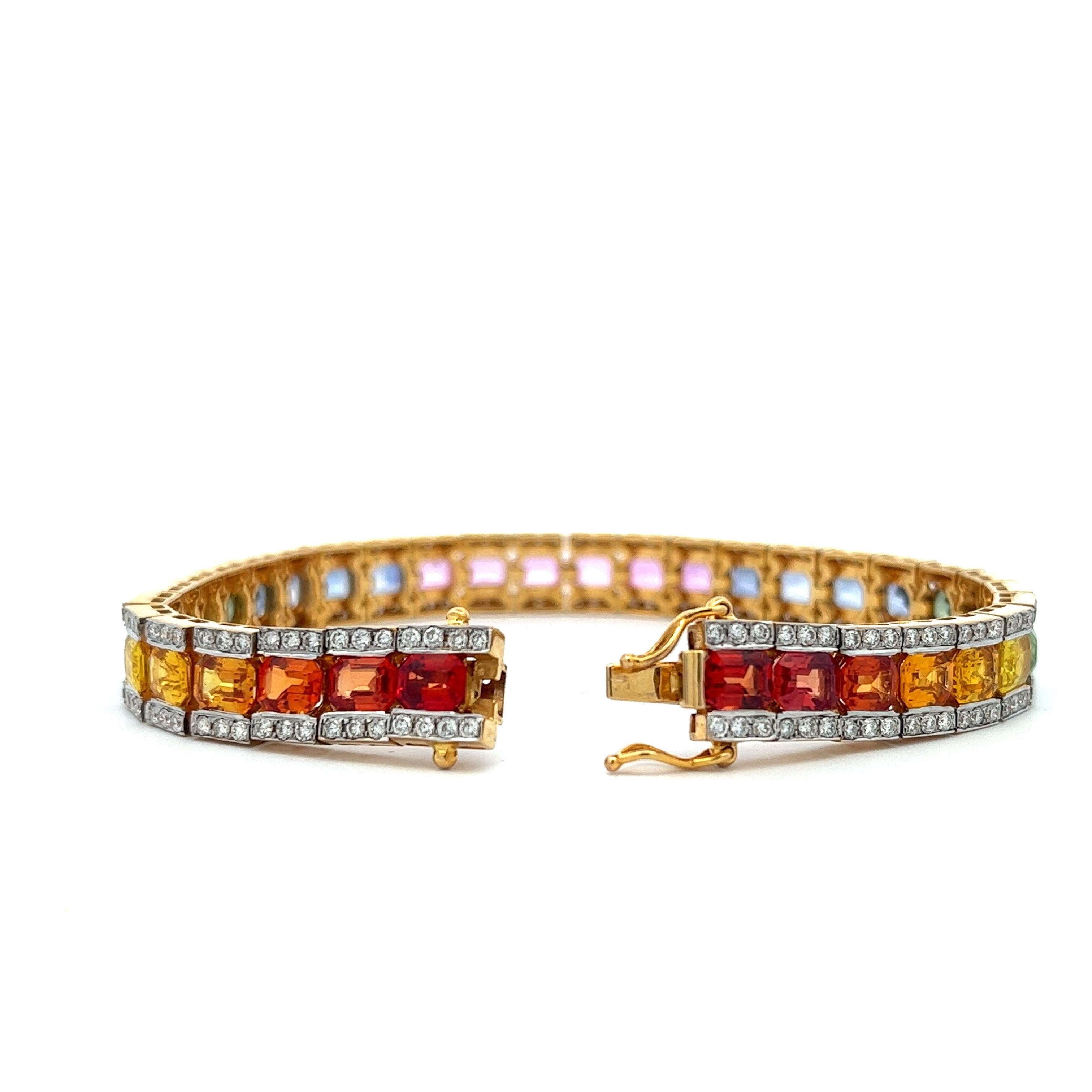 Contemporary 18 Karat Gold Multi Color Rainbow Sapphire and Diamond Tennis Bracelet