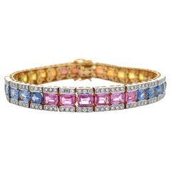 18 Karat Gold Multi Color Rainbow Sapphire and Diamond Tennis Bracelet