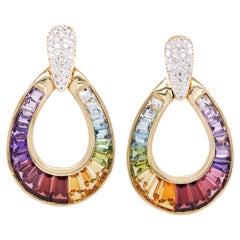 18 Karat Gold Taper Baguette Multi-Color Rainbow Diamond Dangling Drop Earrings