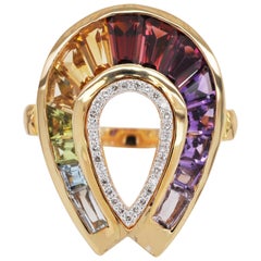 18 Karat Gold Channel Set Baguette Multi-Color Rainbow Diamond Cocktail Ring