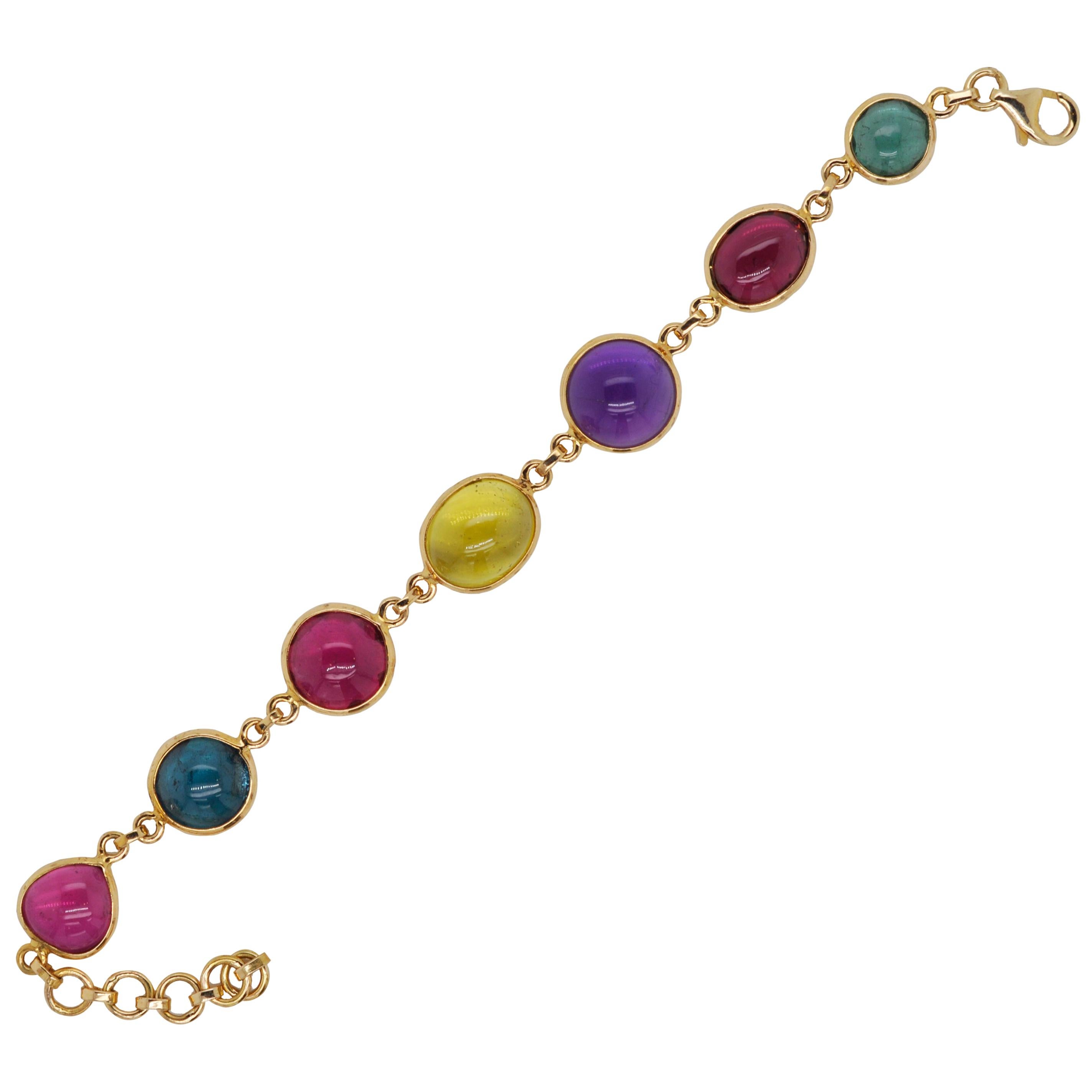 18 Karat Gold Multi-Color Tourmaline Citrine Amethyst Cabochon Gemstone Bracelet