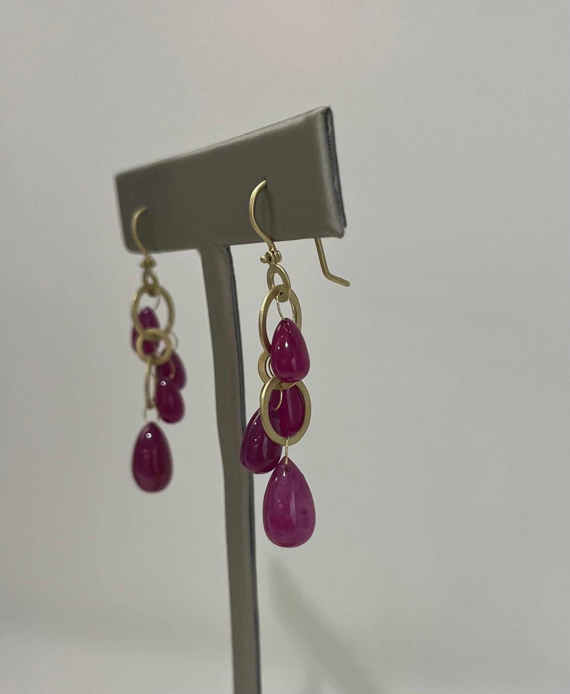 Briolette Cut 18 Karat Gold Multi Loop Mini Ruby Briolette Earrings For Sale