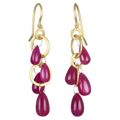 18 Karat Gold Multi Loop Mini Ruby Briolette Earrings