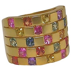 18 Karat Gold Multi Sapphire Checker Board Ring
