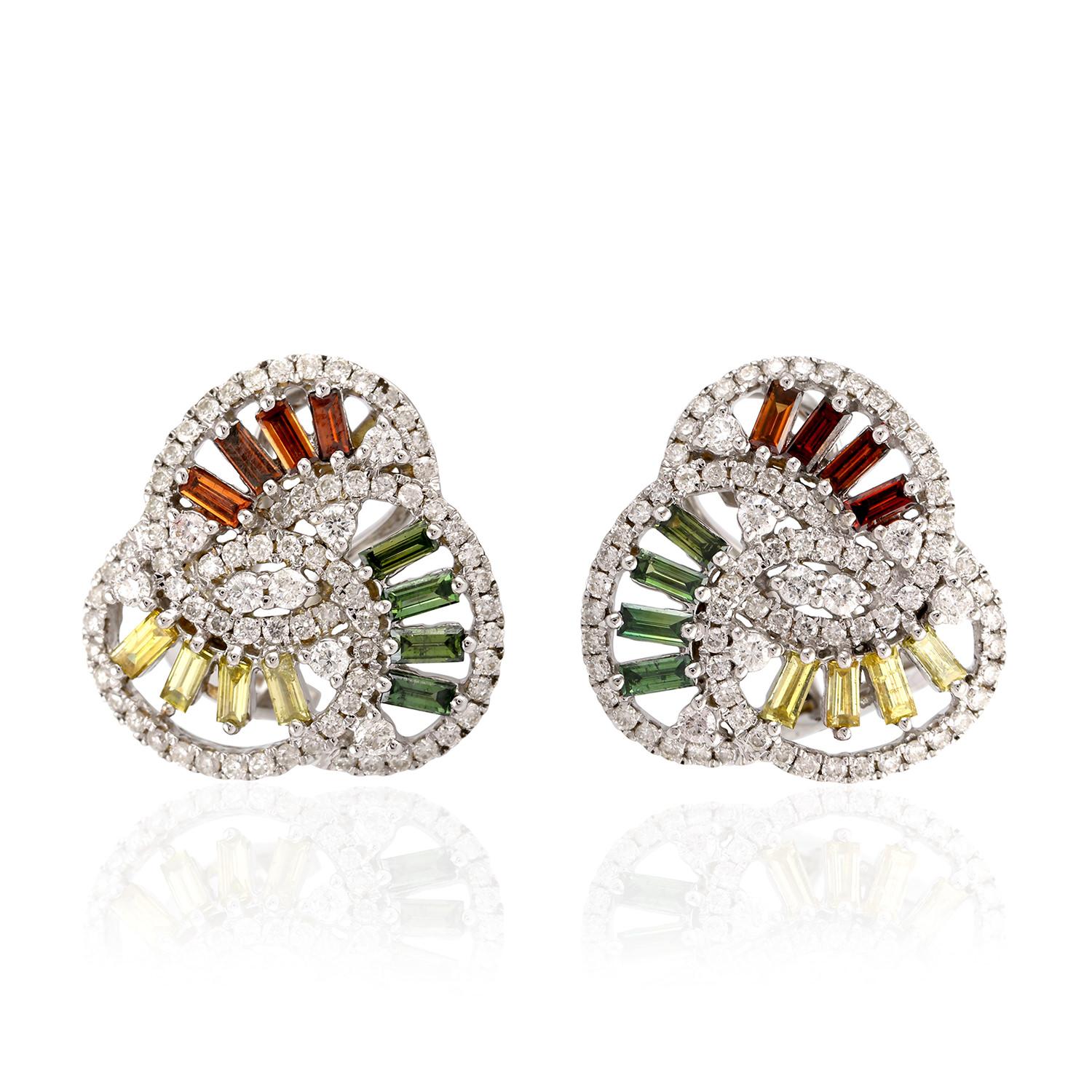 Mixed Cut 18 Karat Gold Multi Sapphire Diamond Orbit Stud Earrings For Sale