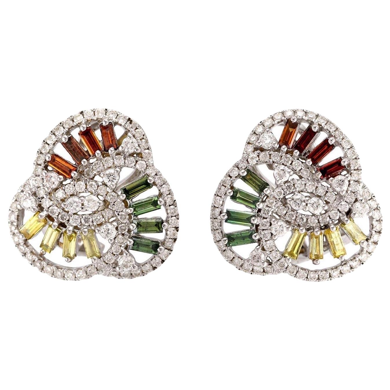18 Karat Gold Multi Sapphire Diamond Orbit Stud Earrings