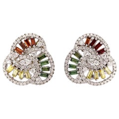 18 Karat Gold Multi Sapphire Diamond Orbit Stud Earrings