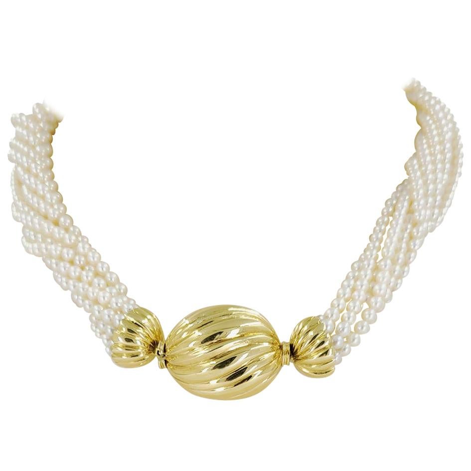 18 Karat Gold Multi-Strand Pearl Necklace