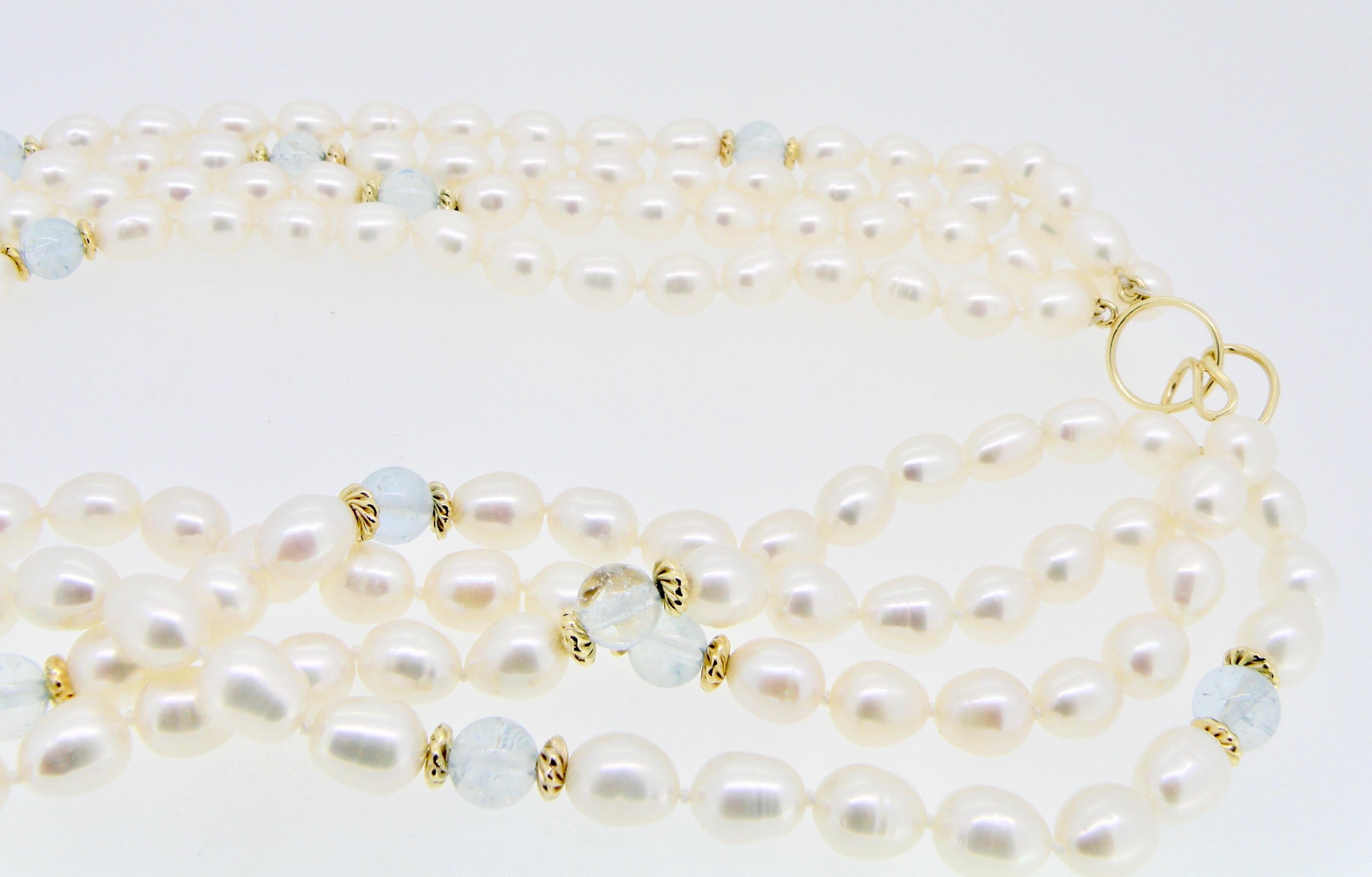 18 Karat Gold Multi Strand Torsade of Freshwater Pearls, Gold and Aquamarine In New Condition For Sale In Cohasset, MA