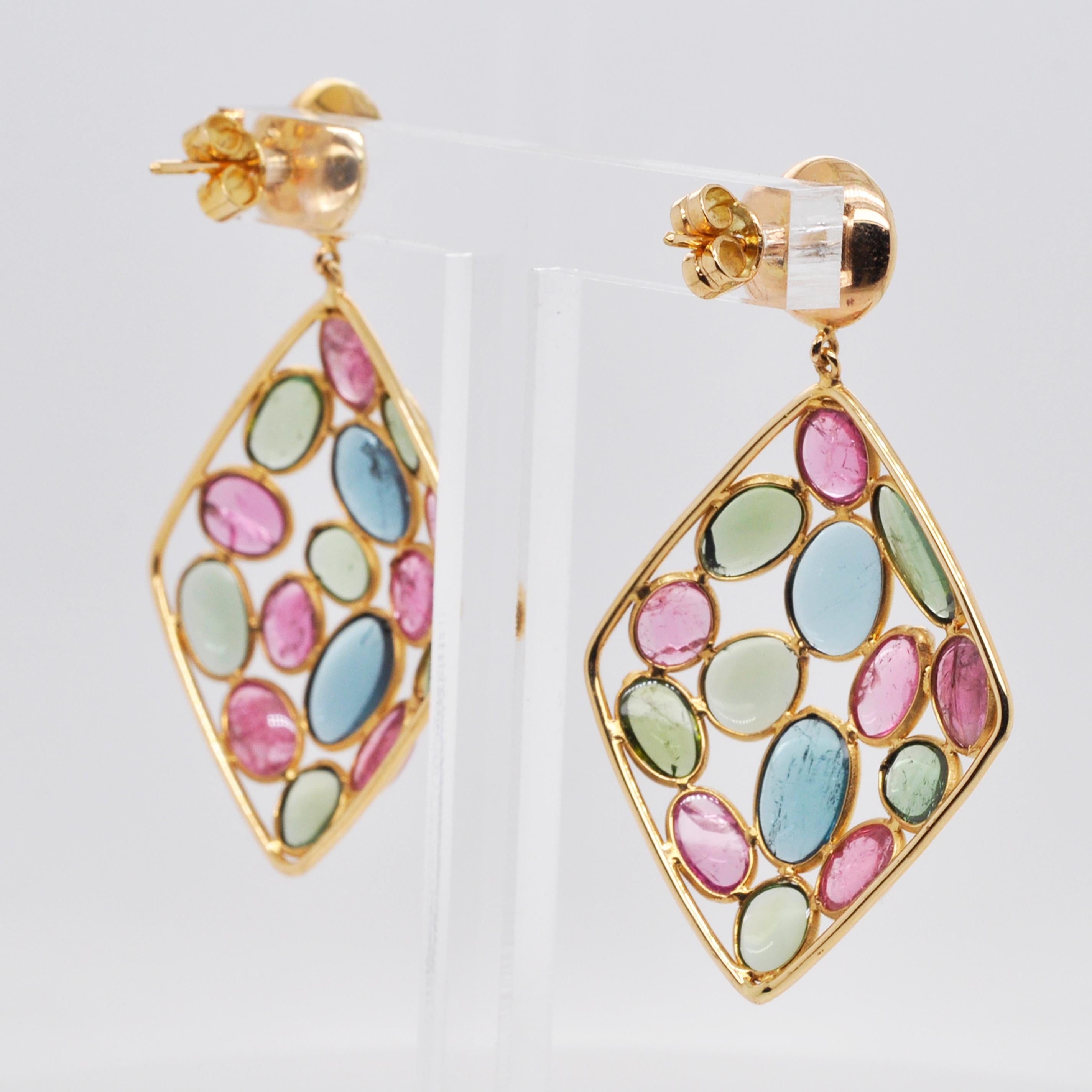 18 Karat Gold Multi-Tourmaline Gemstones Dangle Earrings For Sale 1