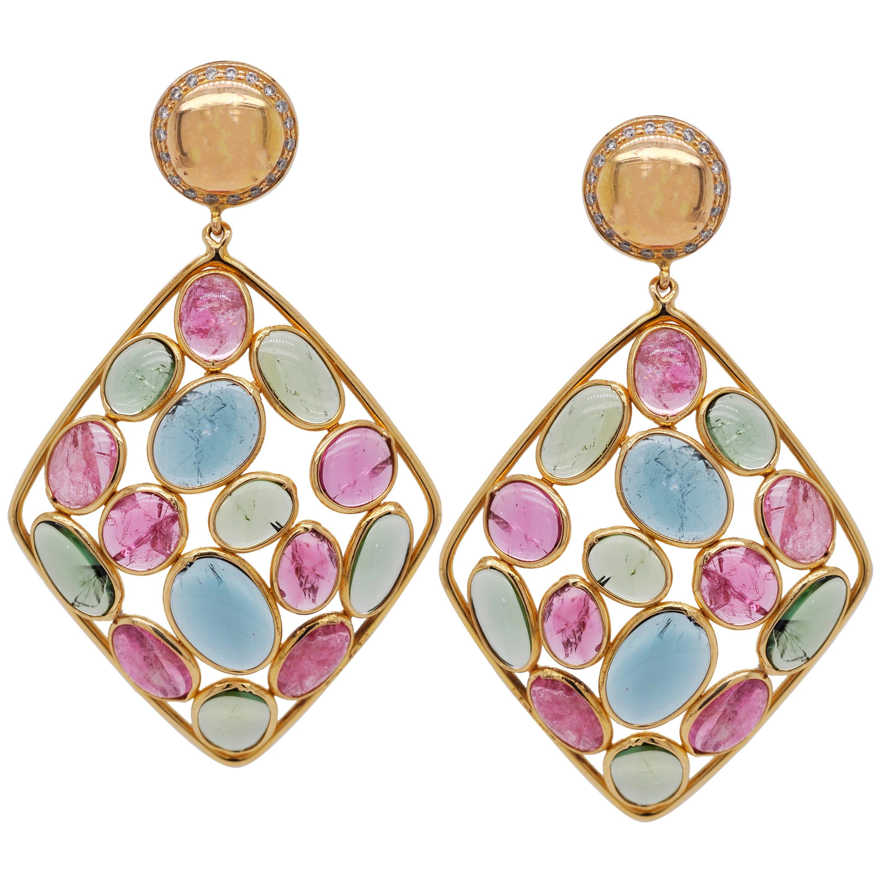 18 Karat Gold Multi-Tourmaline Gemstones Dangle Earrings For Sale