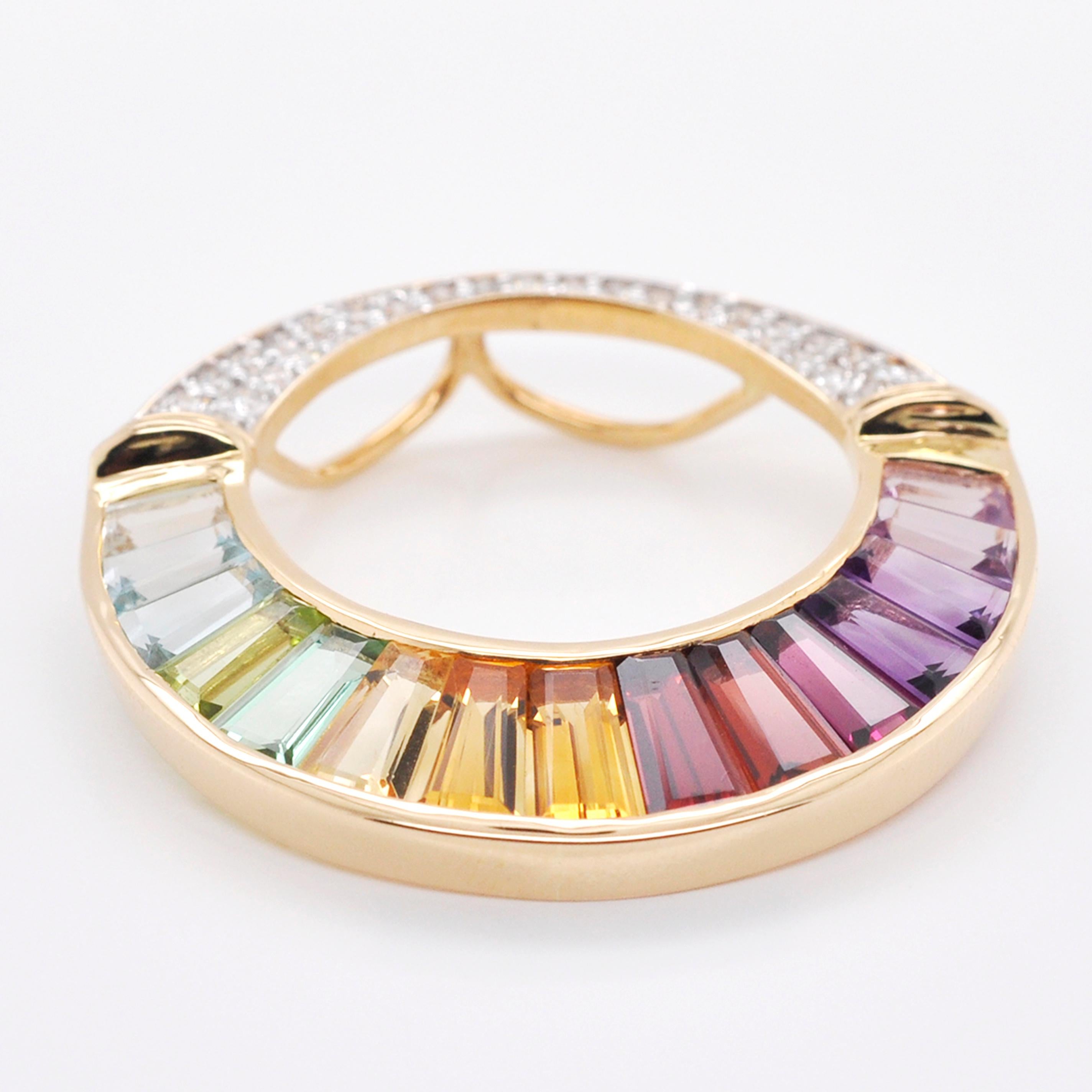 Contemporary 18K Gold Rainbow Gemstones Baguette Diamond Circular Pendant Necklace Brooch For Sale