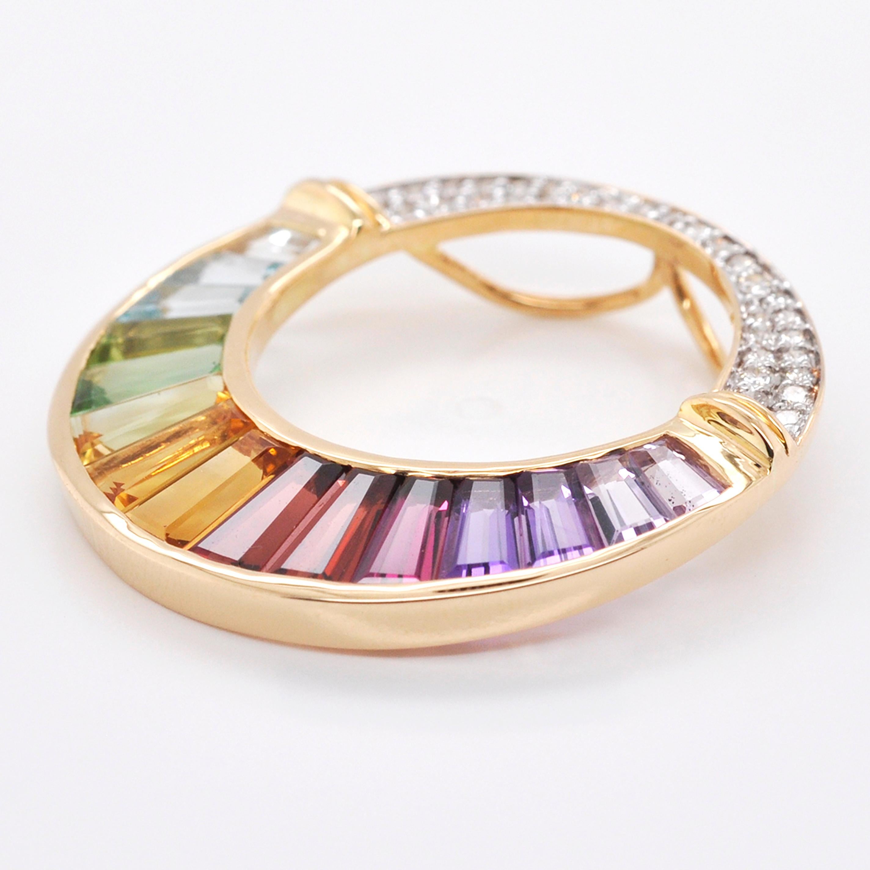 Tapered Baguette 18K Gold Rainbow Gemstones Baguette Diamond Circular Pendant Necklace Brooch For Sale