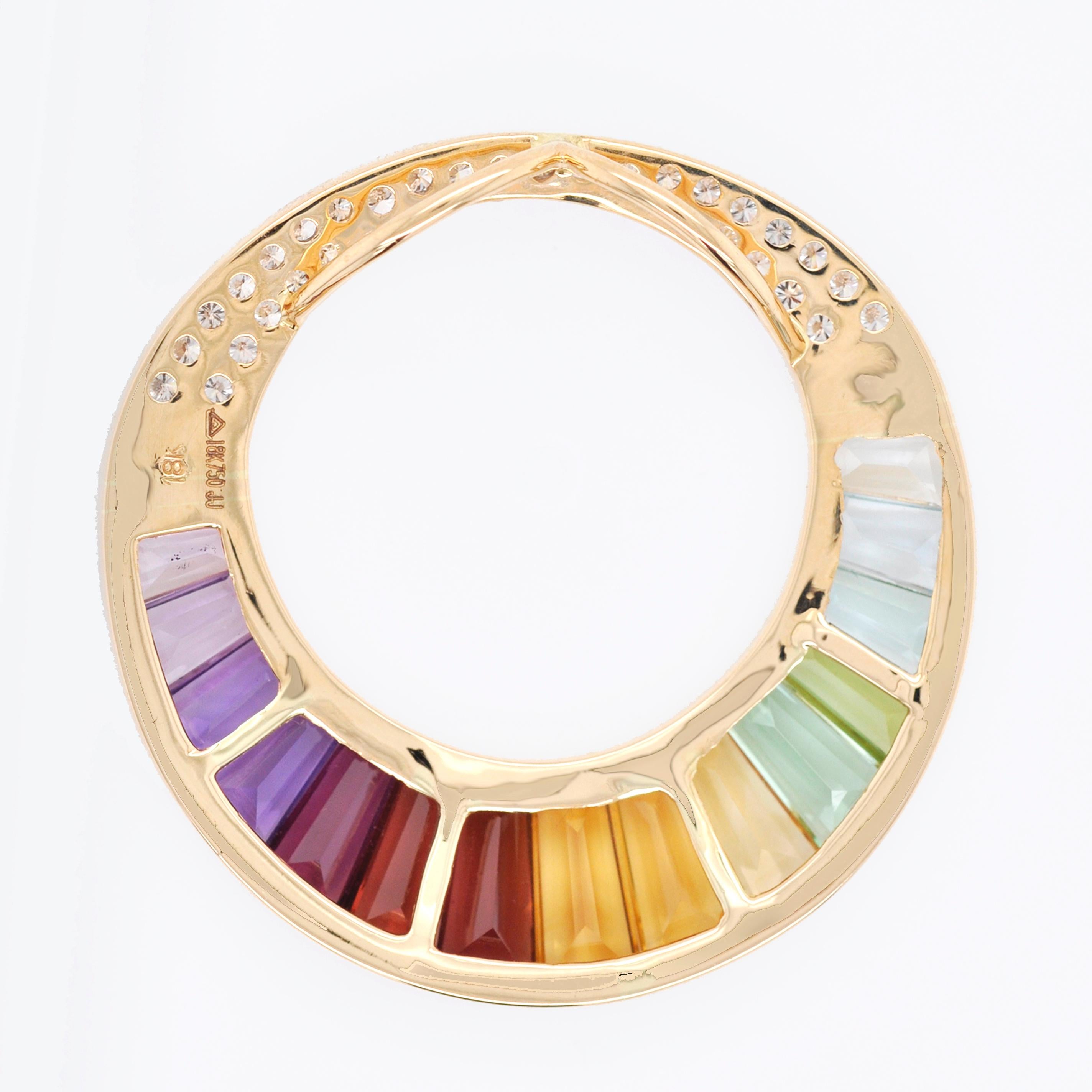 18K Gold Rainbow Gemstones Baguette Diamond Circular Pendant Necklace Brooch For Sale 1