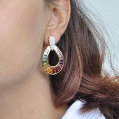 18 Karat Gold Taper Baguette Multi-Color Rainbow Diamond Dangling Drop Earrings