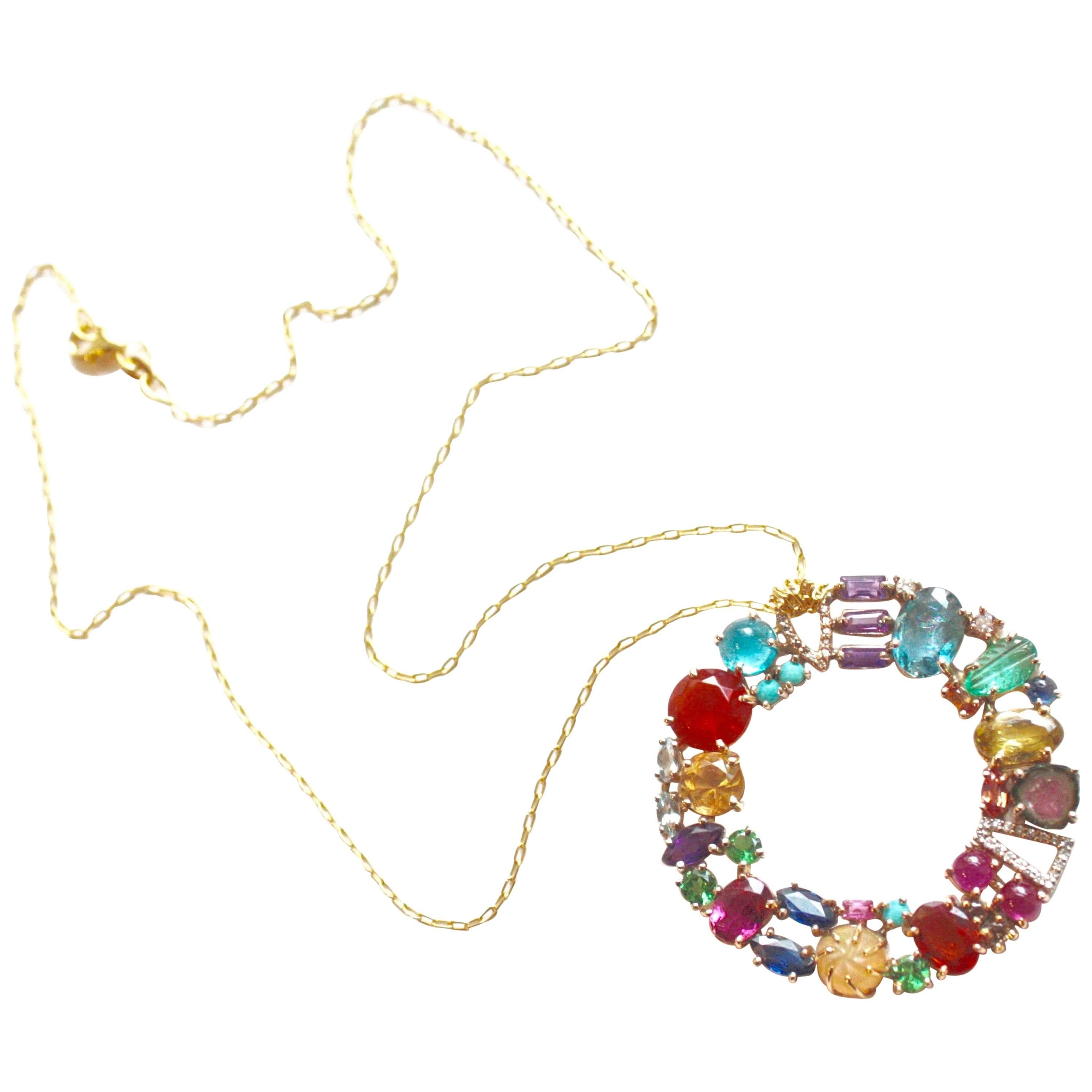 18 Karat Gold Multicolored Gemstone and Diamond Beni Necklace