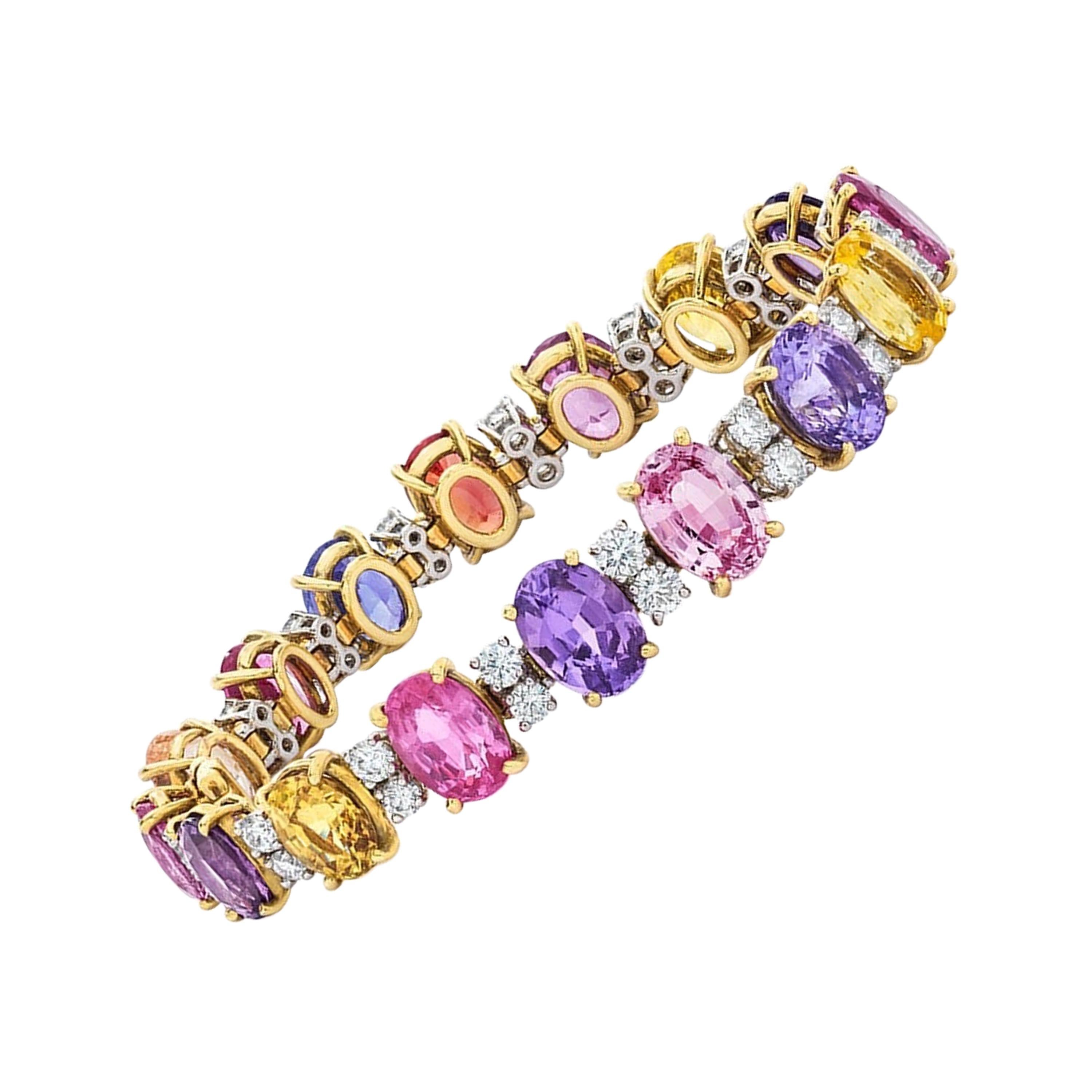 18 Karat Gold Multicolored Oval Sapphires 49.95 Carat and Diamonds Bracelet For Sale