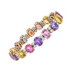 18 Karat Gold Multicolored Oval Sapphires 49.95 Carat and Diamonds Bracelet