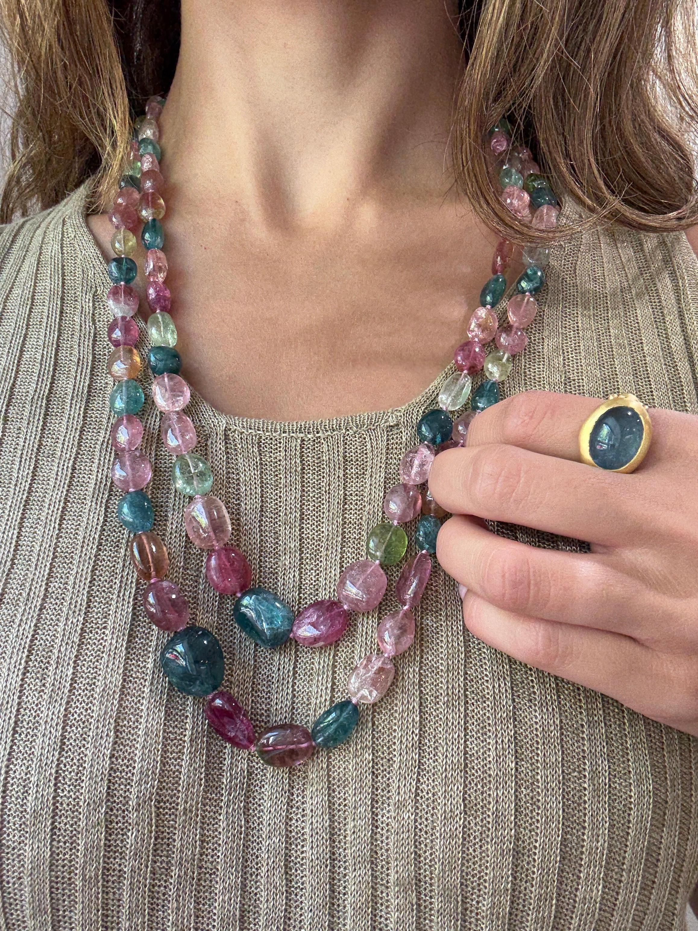 Contemporary 18 Karat Gold Multicolored Tourmaline Nugget Necklace For Sale