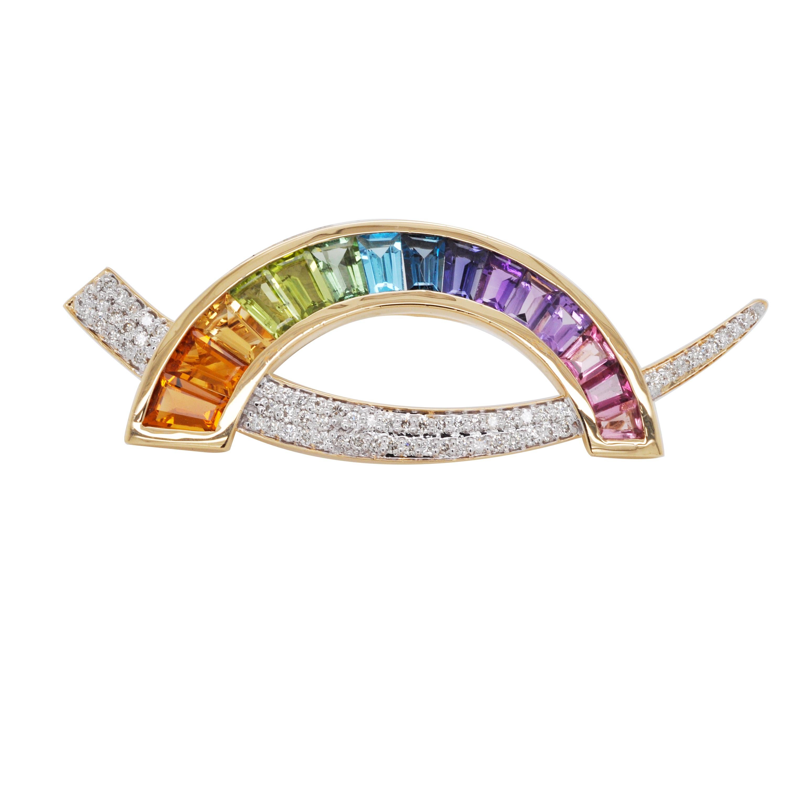18 Karat Gold Multicolour Rainbow Diamond Contemporary Pendant Necklace Brooch For Sale 5