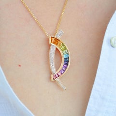 14 Karat Gold Multicolour Rainbow Diamond Contemporary Pendant Necklace Brooch
